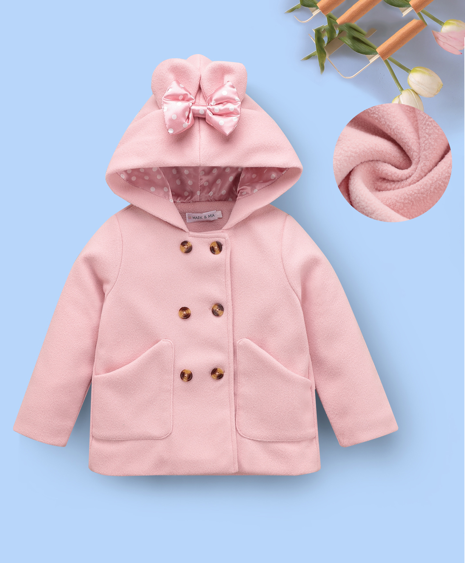 Mark & Mia Full Sleeves Solid Color Hooded Fur Winter Jacket with Bow Applique - Pink-picture-17