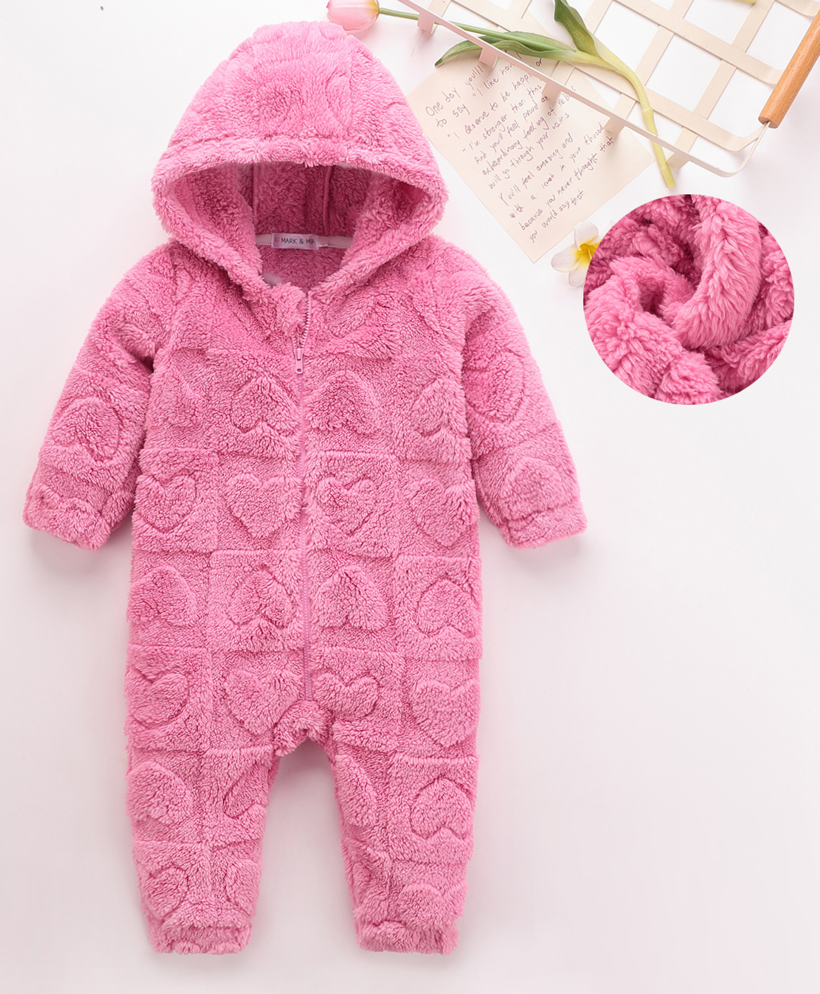 Mark & Mia Full Sleeves Hooded Fur Winter Wear Romper With Heart Design - Fuchsia-image-19