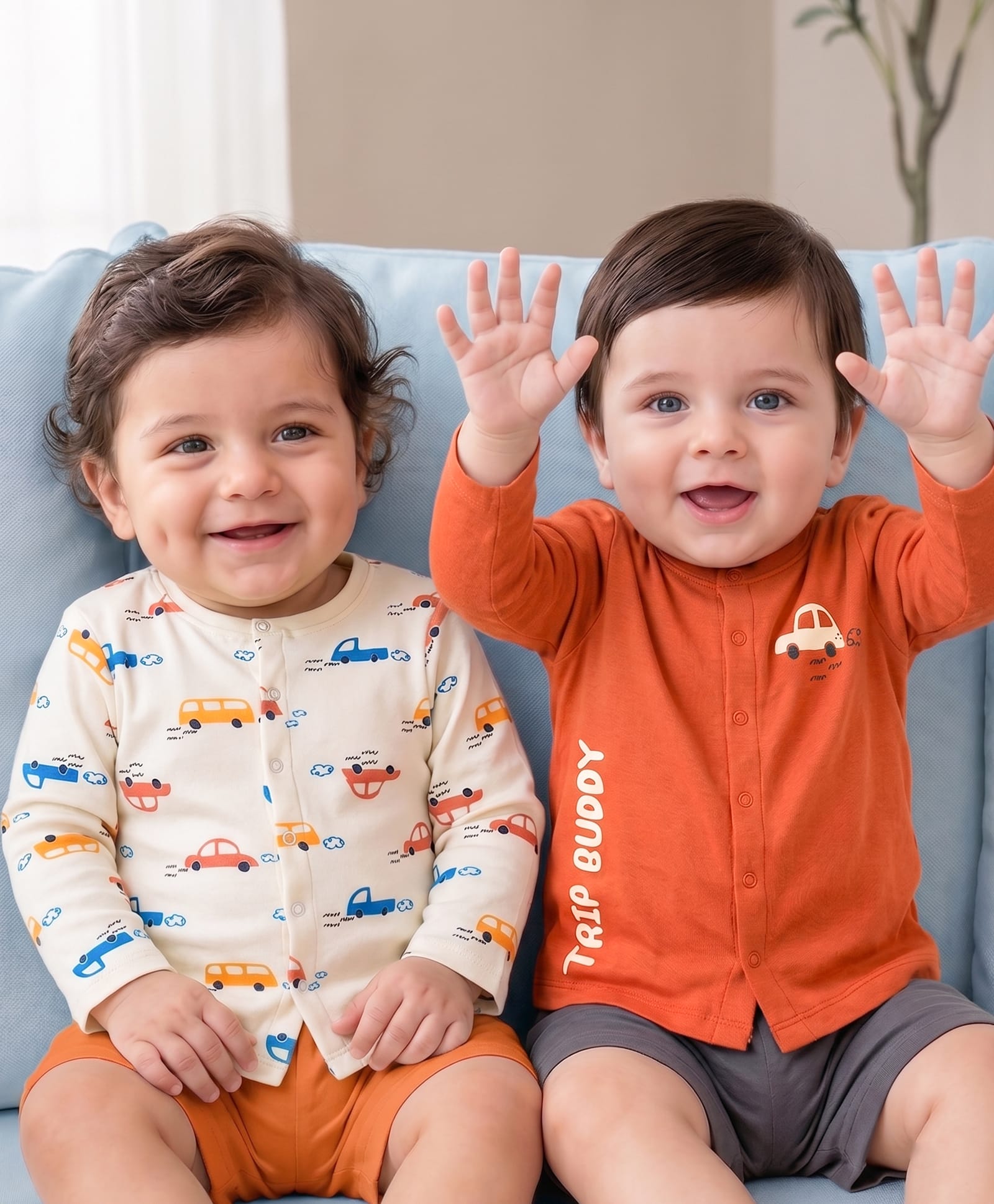 Babyoye 100% Cotton Knit Full Sleeves Jhablas with Vehicle Print Pack of 2 - White & Orange-image-48