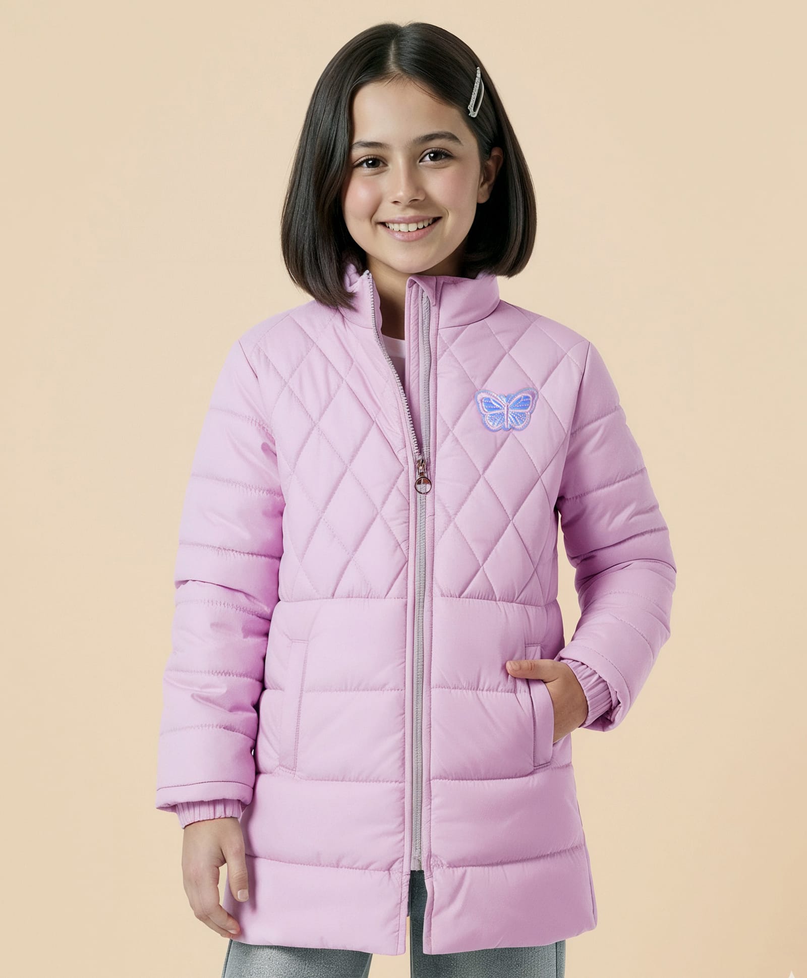 Pine Kids Woven Full Sleeves Padded Jacket with Butterfly Patch Detailing - Purple-image-39