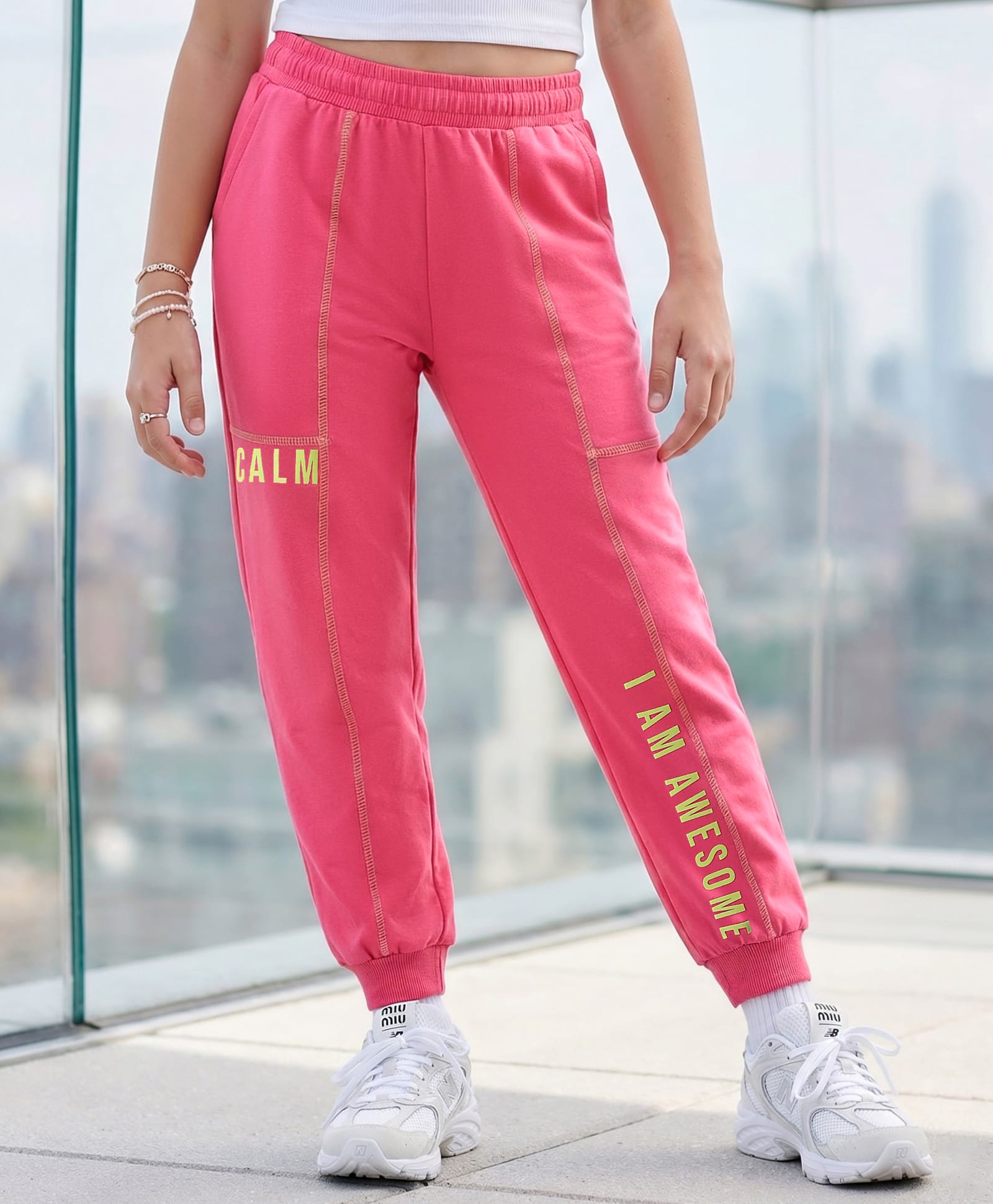 Pine Kids Cotton Knit Full Length Track Pant with Calm Text Print - Dark Pink-image-11
