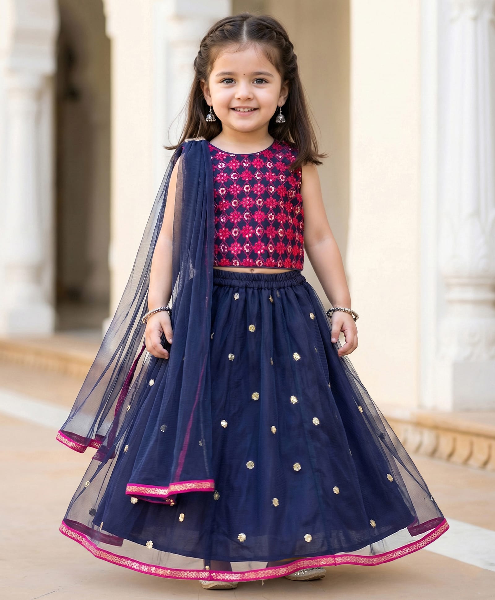 Babyhug Woven Sleeveless Choli Lehenga & Dupatta Set With Sequin Embriodery - Navy Blue-image-41