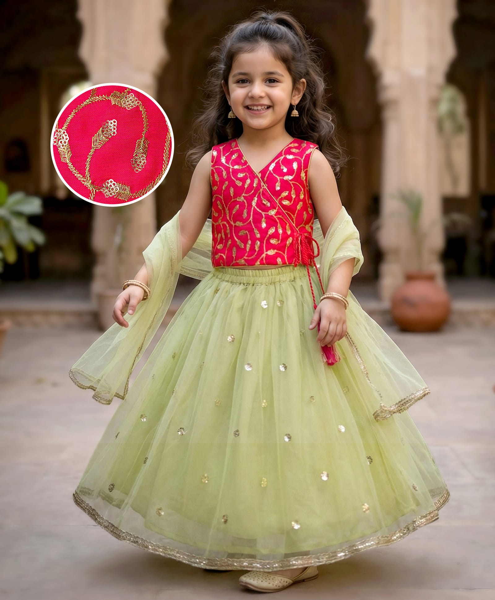 Babyhug Woven Sleeveless Choli Lehenga & Dupatta Set With Sequin Detailing - Green-image-6