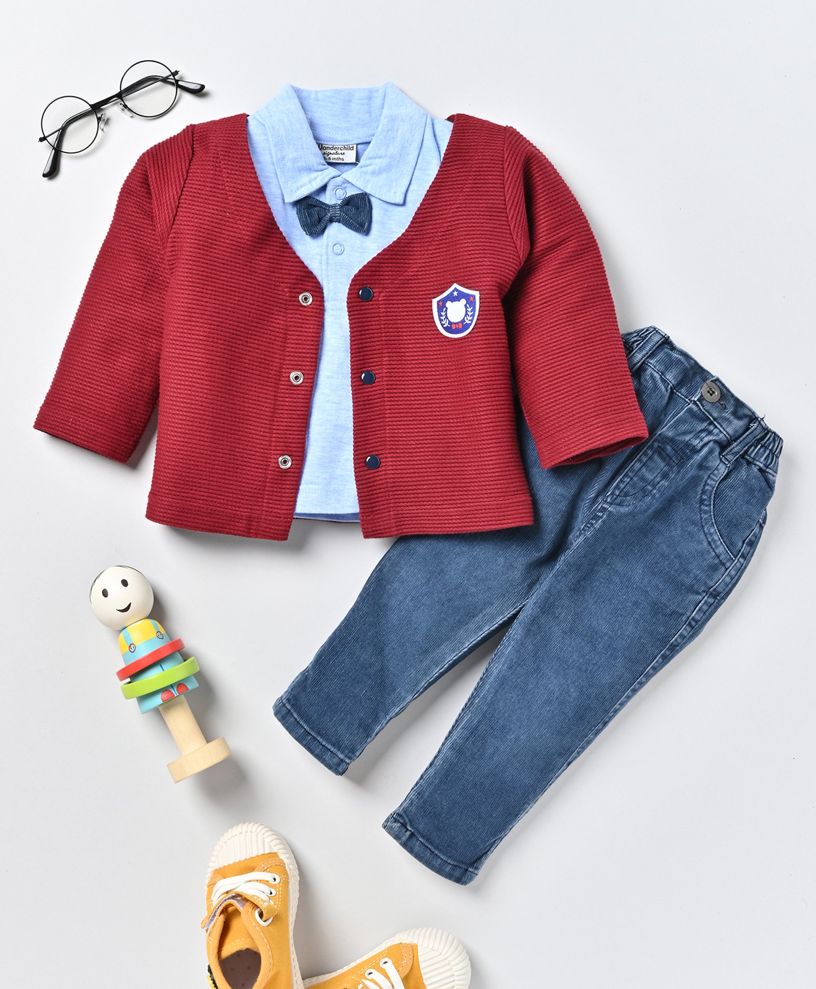 Wonderchild Full Sleeves Bear Patch Detailed Jacket With Bow Attached Tee & Pant Set - Maroon-picture-22