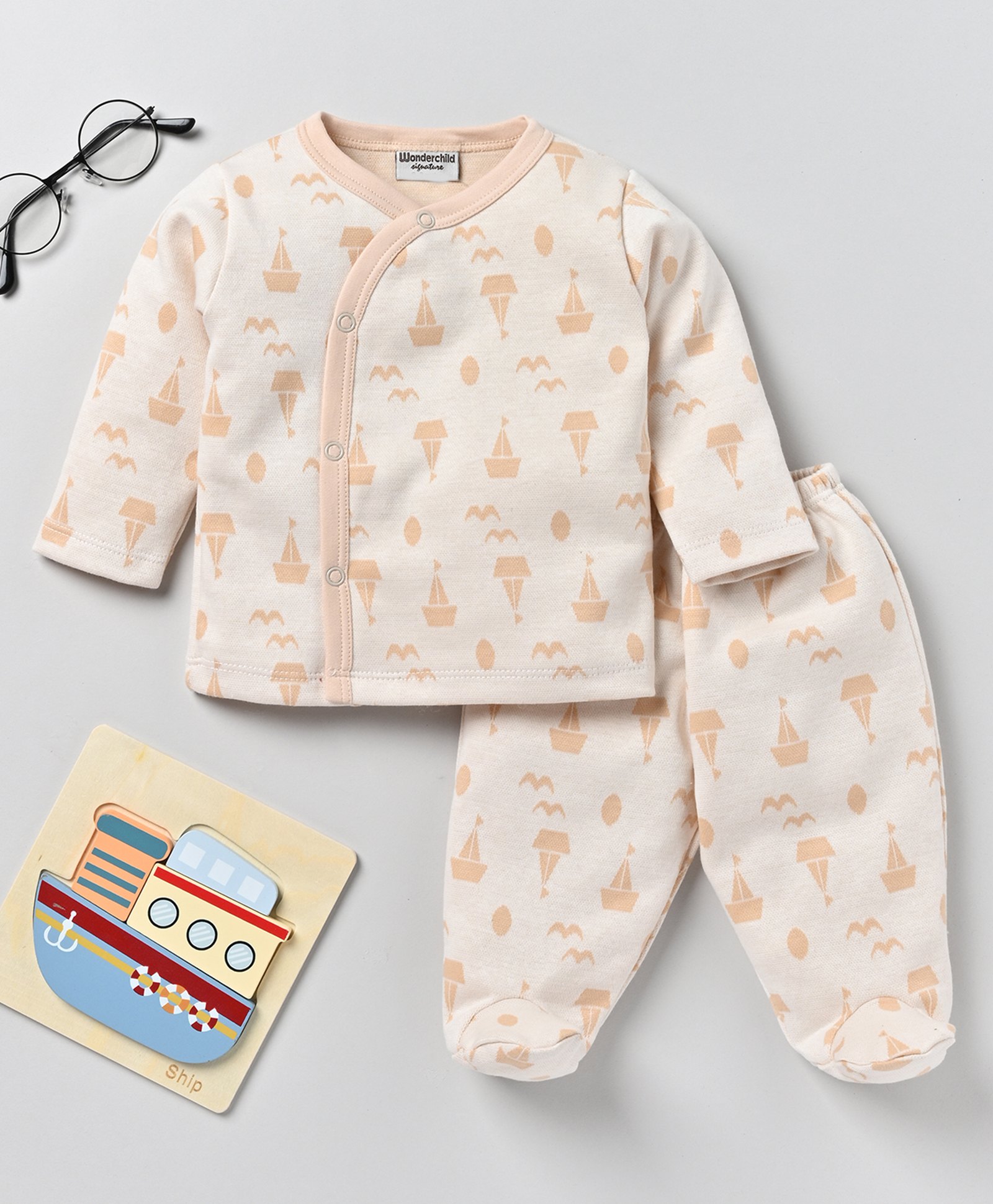 Wonderchild Interlock Knit Full Sleeves Boats Printed Coordinating Jhabla & Footed Pant Set - Fawn-image-4