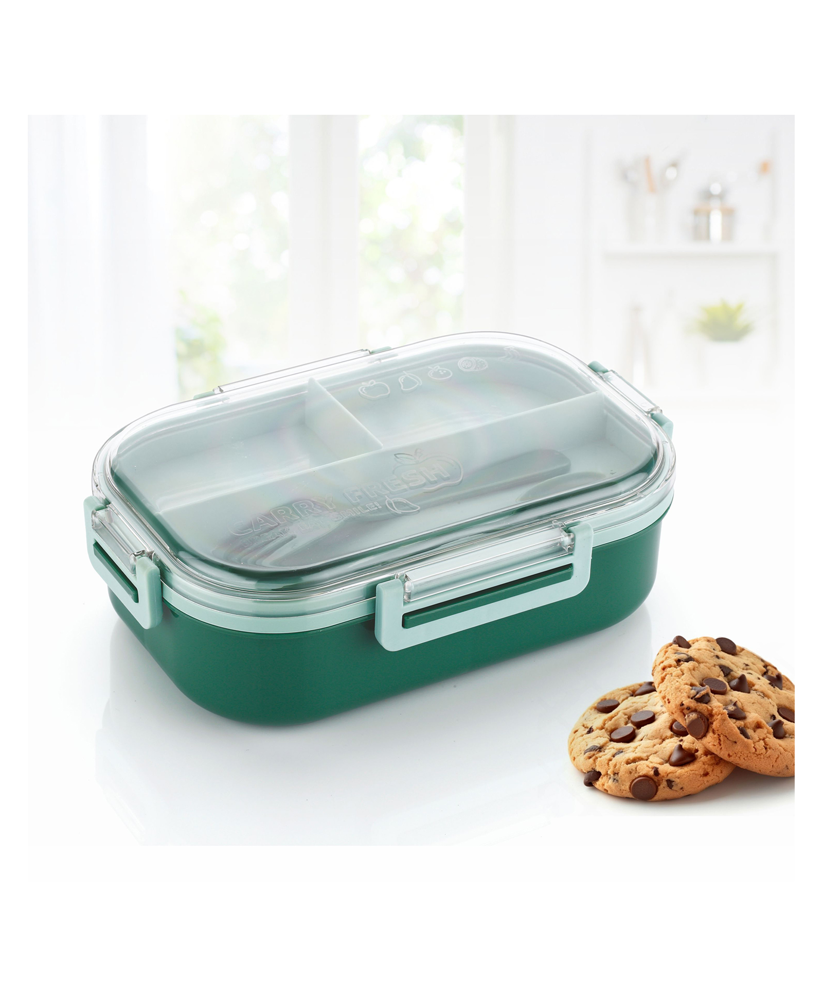 Attro Carry Fresh 3 Compartments with Fork Kids Lunch Box - Green-picture-8