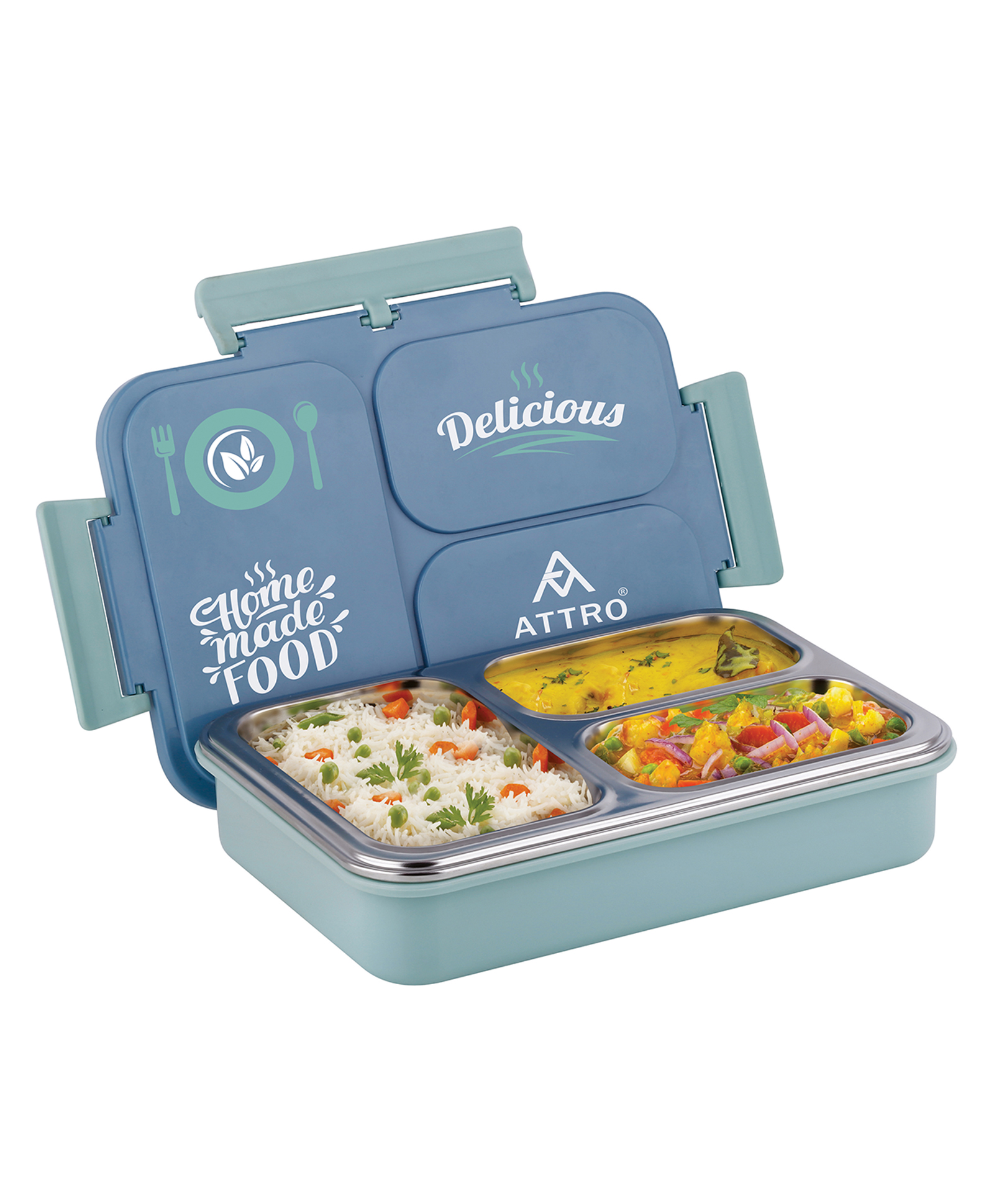 Attro Legacy 3 Stainless Steel Insulated kids Lunch Box with 3 Compartments - Pastel Blue-picture-40