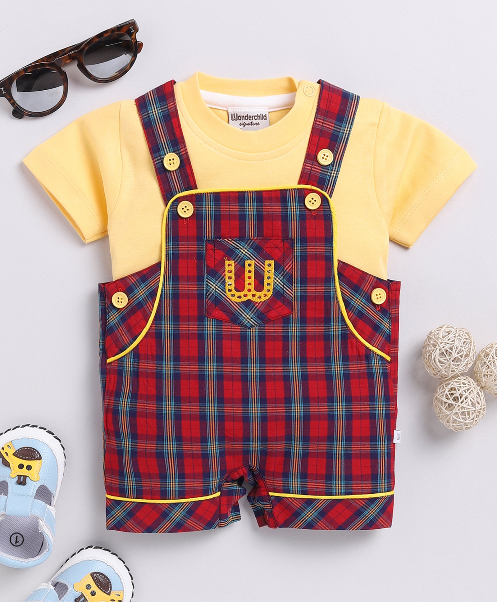 Wonderchild Checked Dungaree & Half Sleeves Tee Set - Yellow & Red-image-49