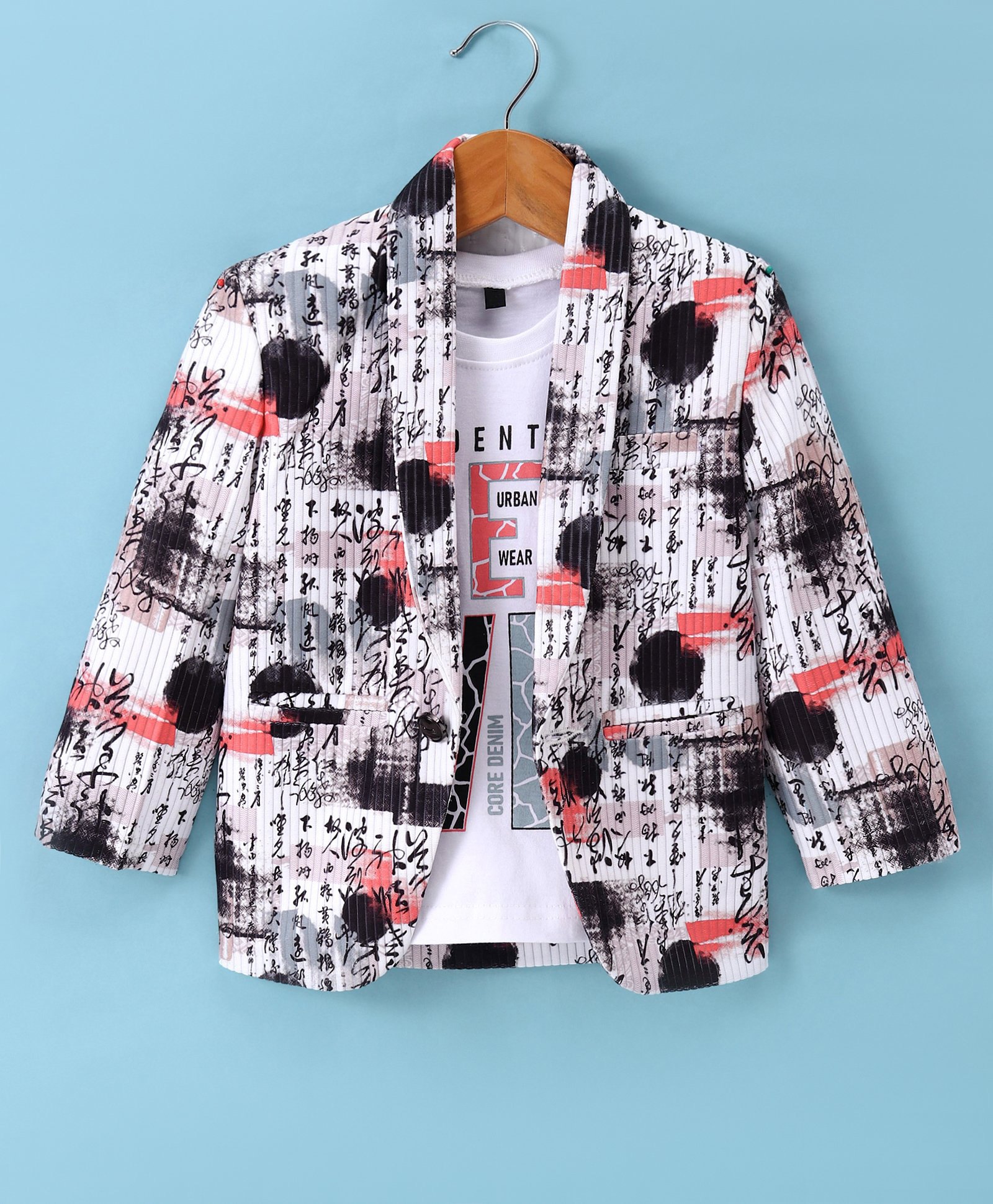 Radutu Full Sleeves Abstract Printed Blazer With Tee Set - Multi Colour & White-picture-24