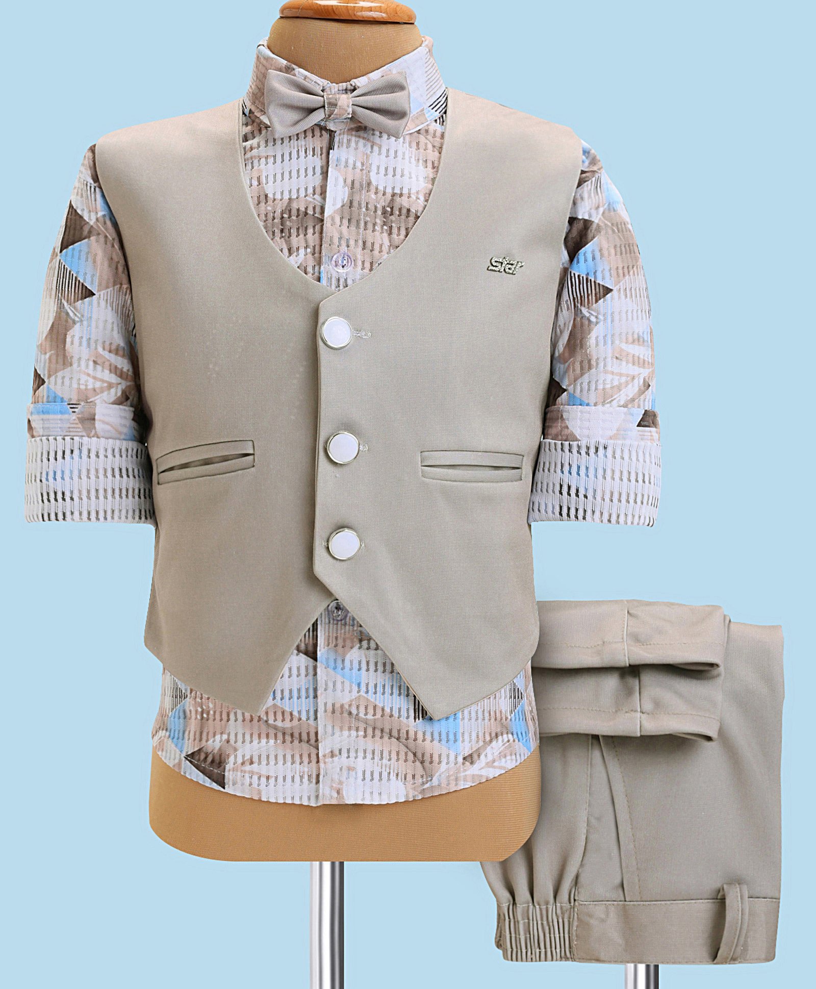 Radutu Full Sleeves Abstract Printed 3 Piece Party Suit With Bow Set - Beige & Multi Colour-picture-28