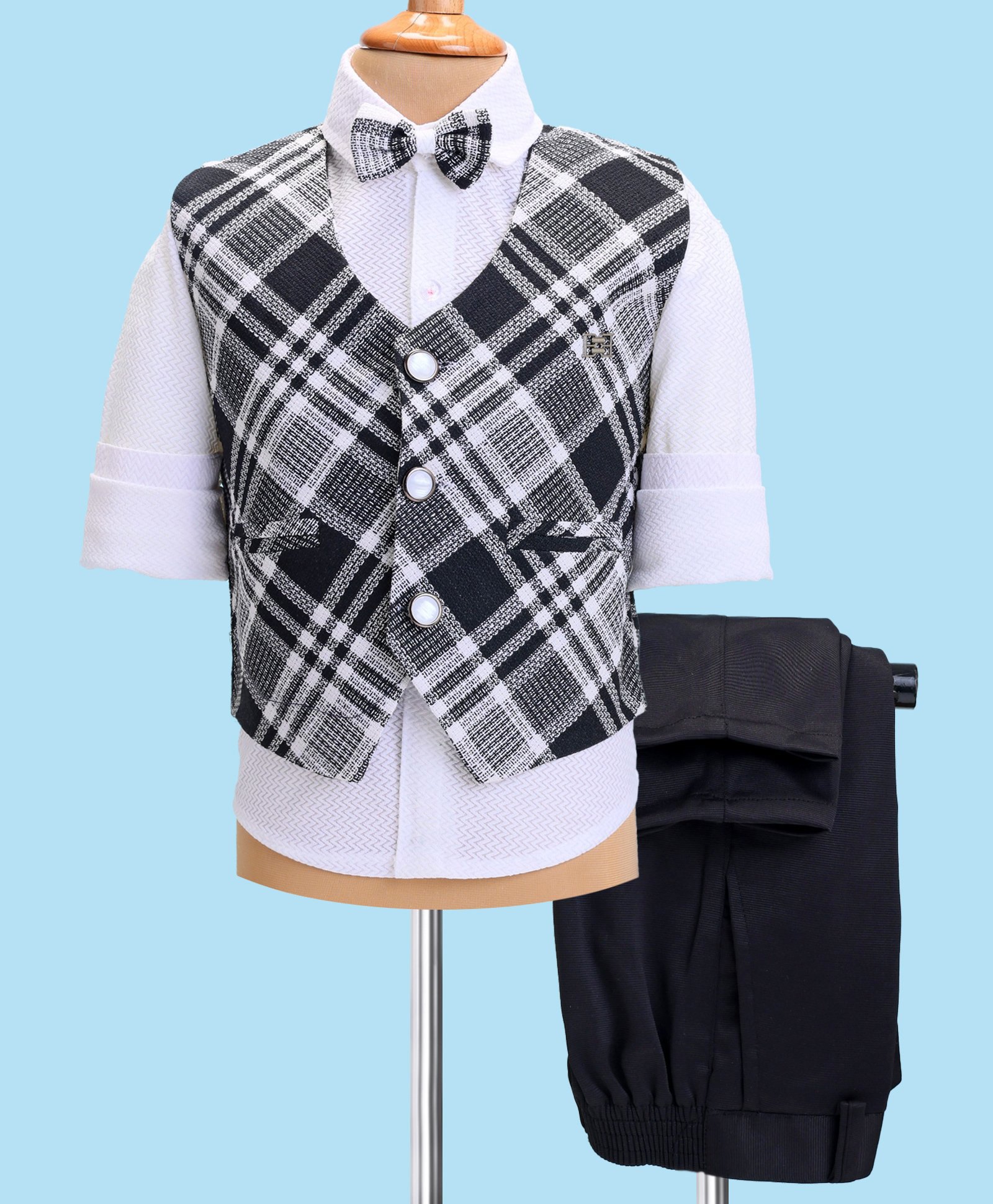 Radutu Full Sleeves Checked 3 Piece Party Suit With Bow Set - Black & White-picture-32