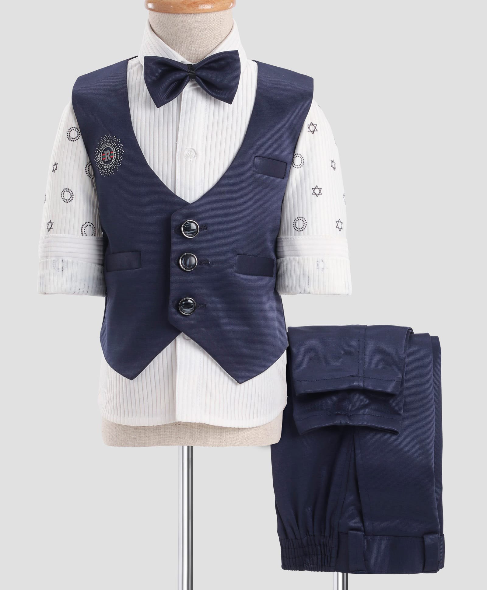 Radutu Full Sleeves Ribbed & Stars Printed 3 Piece Party Suit With Bow Set - Navy Blue & White-picture-26