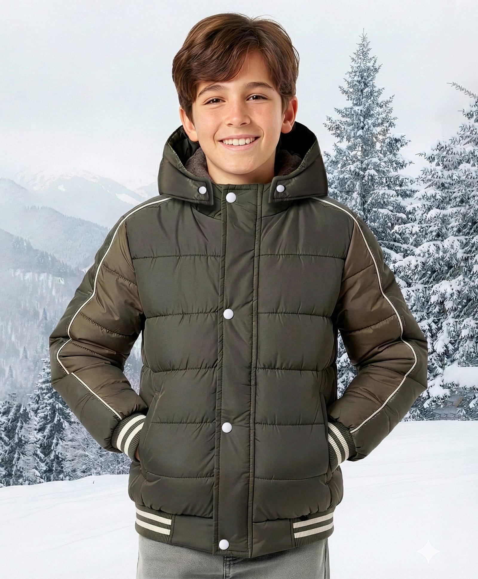 Pine Kids Woven Full Sleeves Hooded Solid Padded Jacket - Olive Green-picture-33