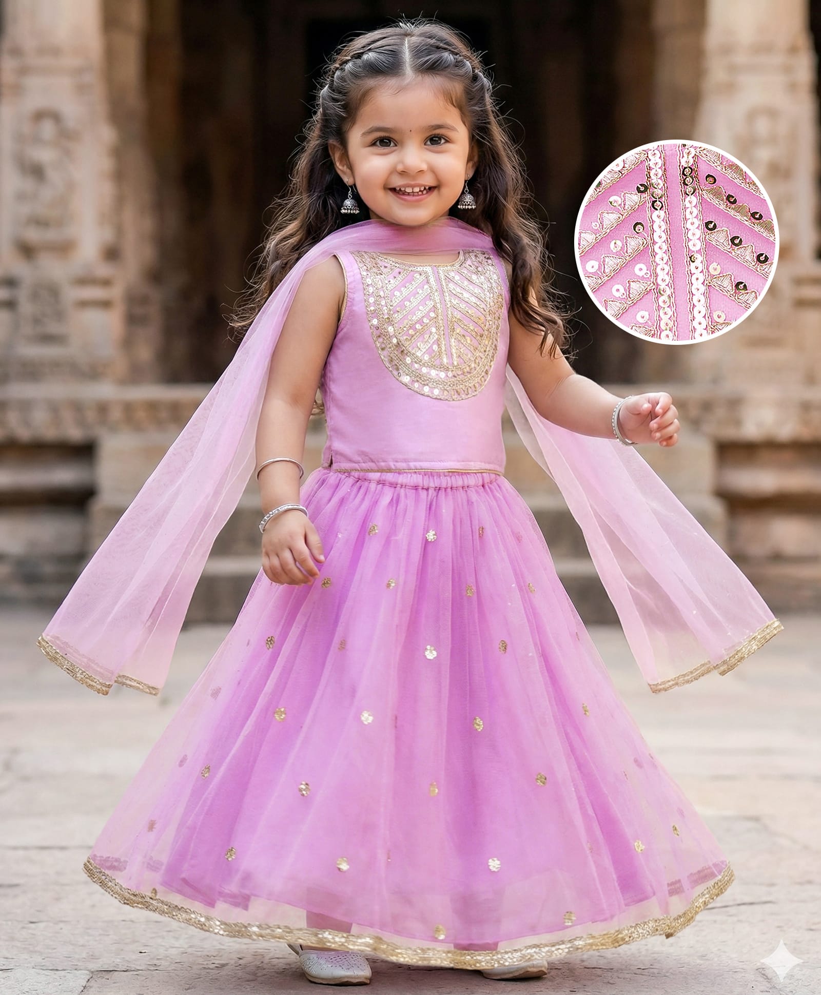 Babyhug Woven Sleeveless Choli Lehenga & Dupatta Set With Sequin Detailing - Lavender-picture-20