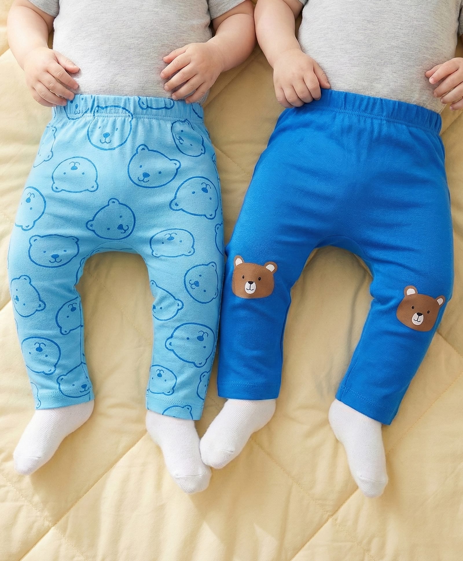 Babyoye 100% Cotton Knit Full Length Diaper Leggings with Bear Print Pack of 2 - Blue-picture-18