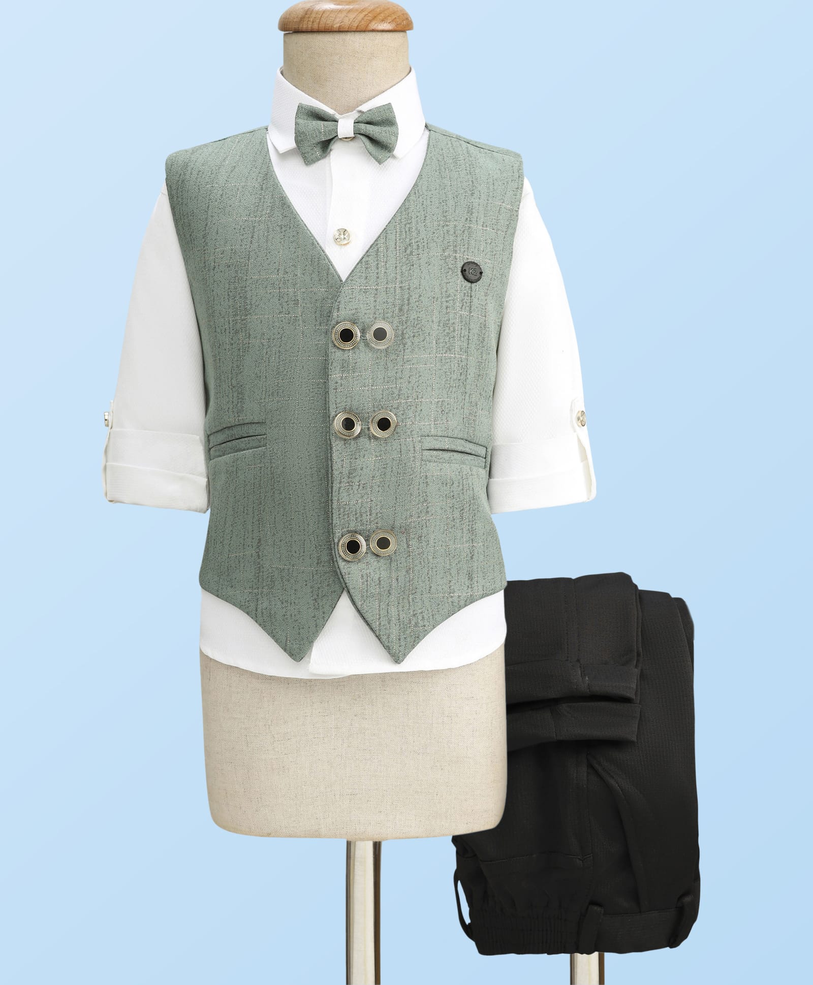 Radutu Full Sleeves Textured 3 Piece Party Suit With Bow Set - Green & White-picture-27
