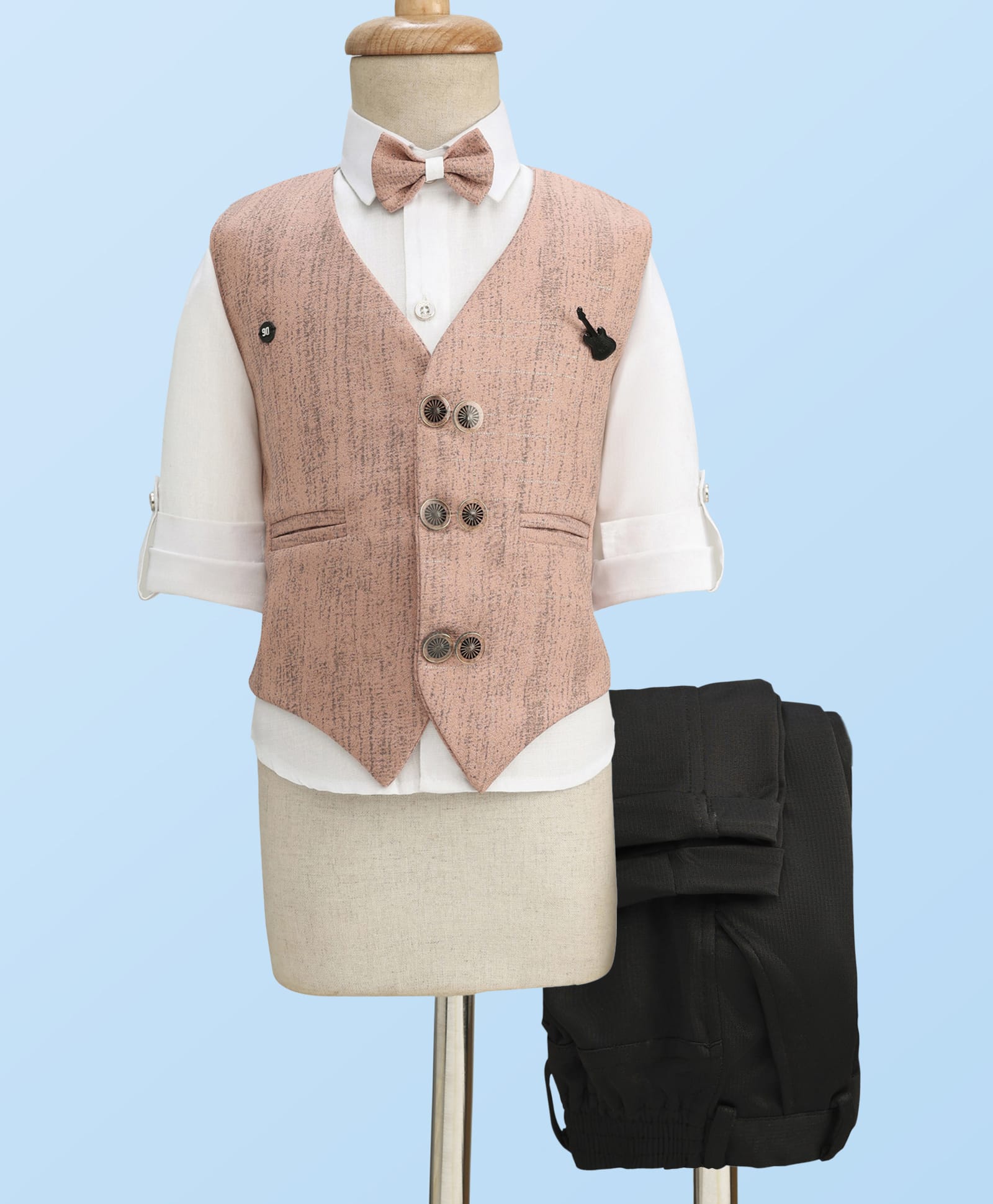 Radutu Full Sleeves Textured 3 Piece Party Suit With Bow Set - Peach & White-image-15