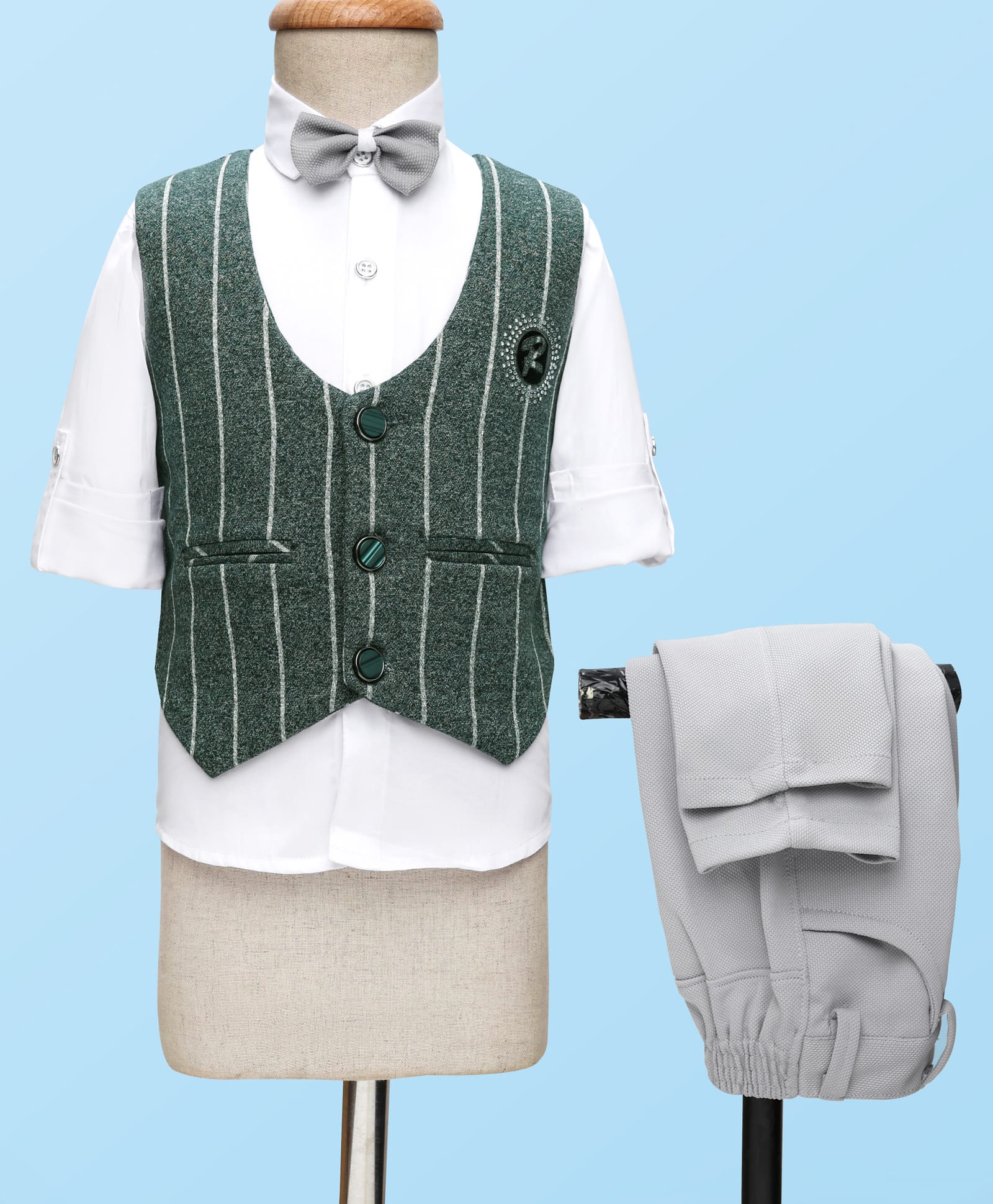 Radutu Full Sleeves Striped Textured 3 Piece Party Suit With Bow Set - Dark Green & White-image-24