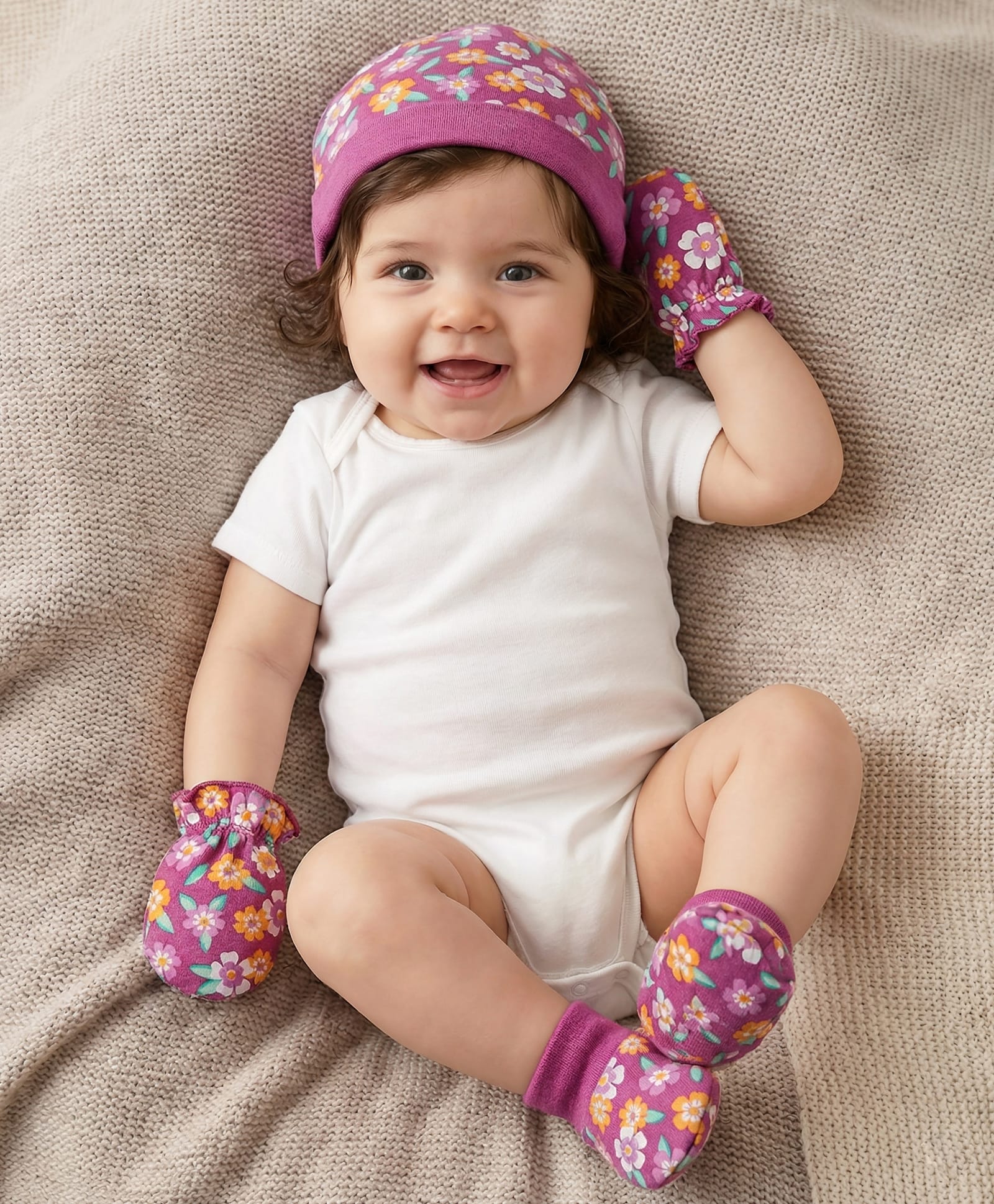 Babyhug 100% Cotton Knit Cap Mittens & Booties With Floral Print Fuchsia - Circumference 32 cm-image-37