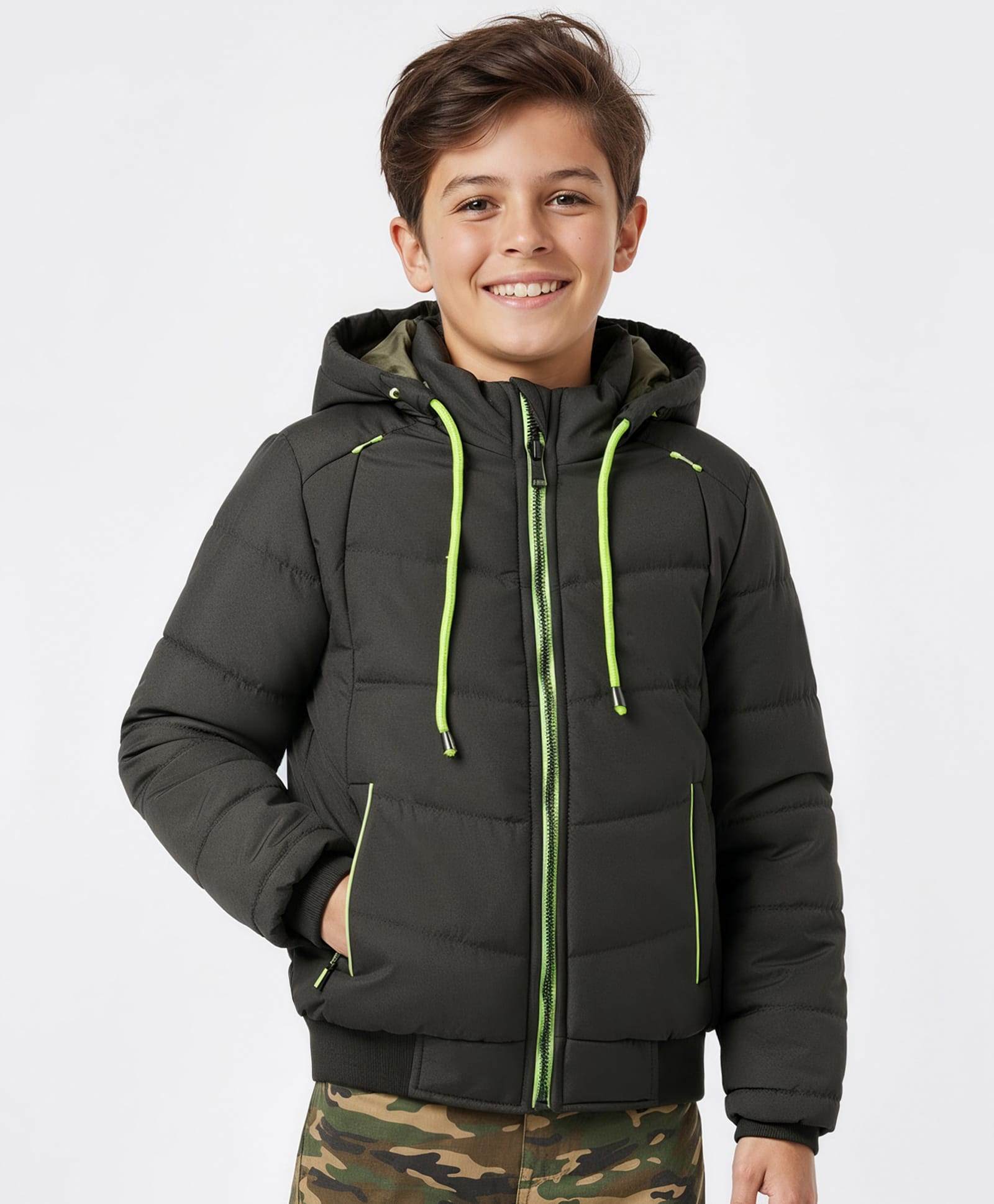 Pine Kids Woven Full Sleeves Hooded Solid Padded Jacket - Olive Green-picture-32