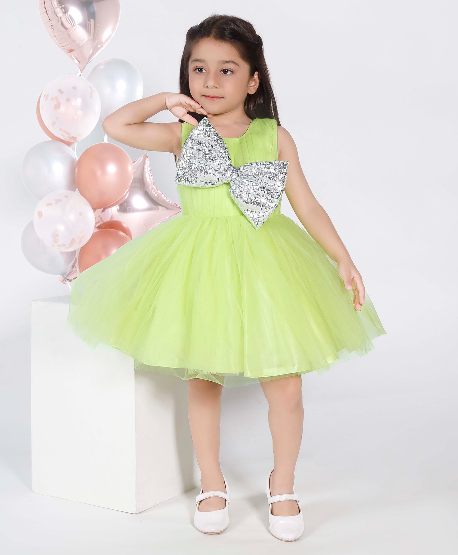 Ministitch Net Woven Sleeveless Bow Applique Sequin Embellished Pleated Dress - Lime Green-image-34