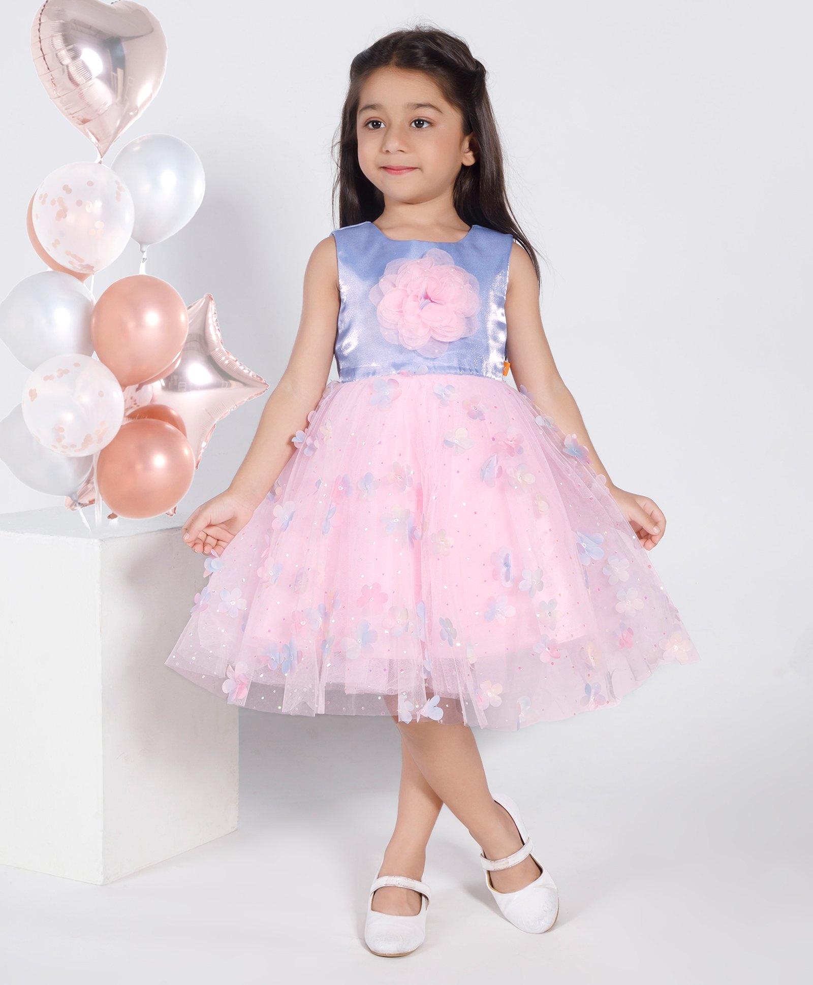 Ministitch Net Woven Sleeveless Floral Applique Beads Embellished Dress - Baby Pink-picture-0
