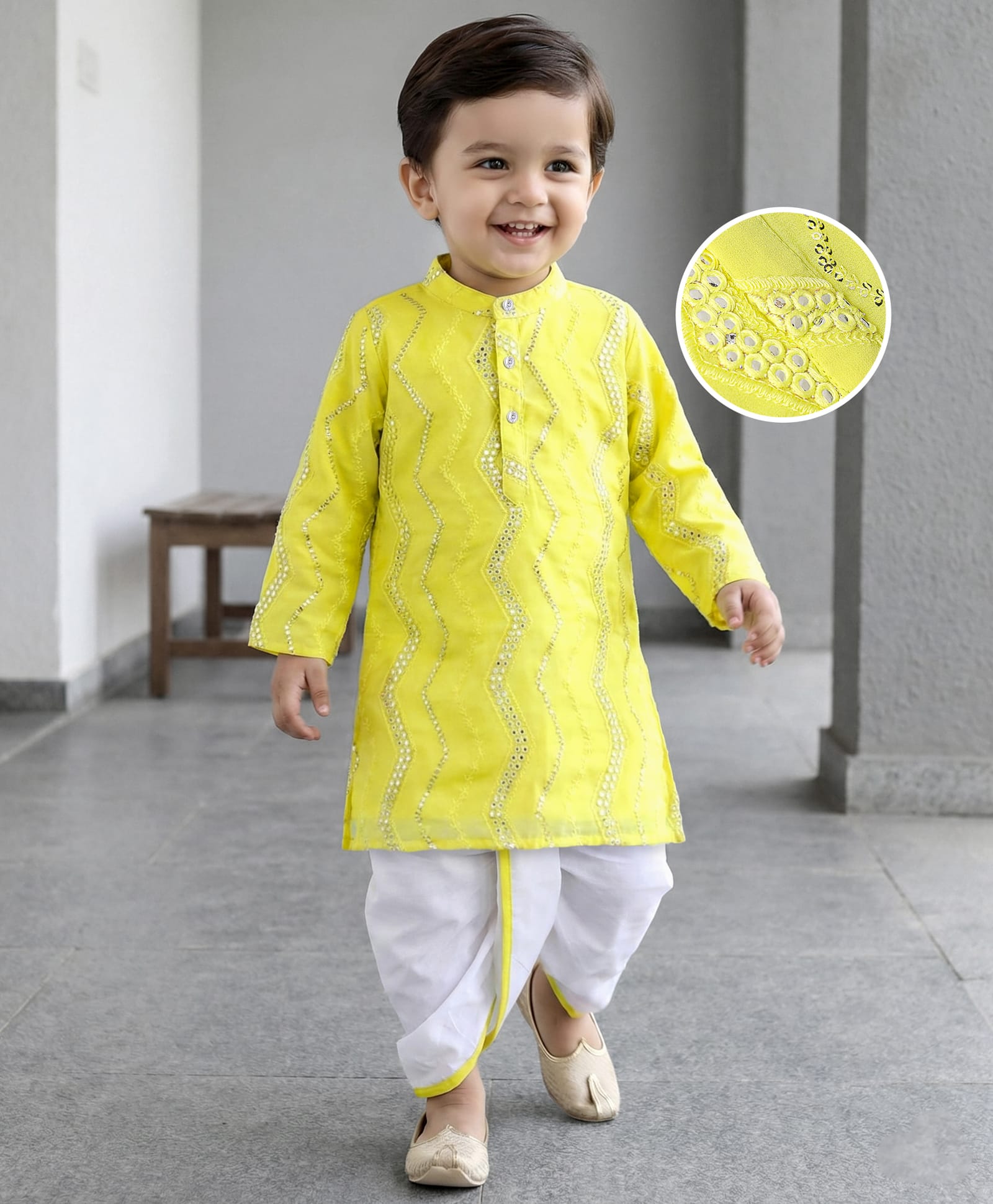 Babyhug Woven Full Sleeves Mirror Work & Embroidery Kurta & Dhoti Set - Yellow-image-3