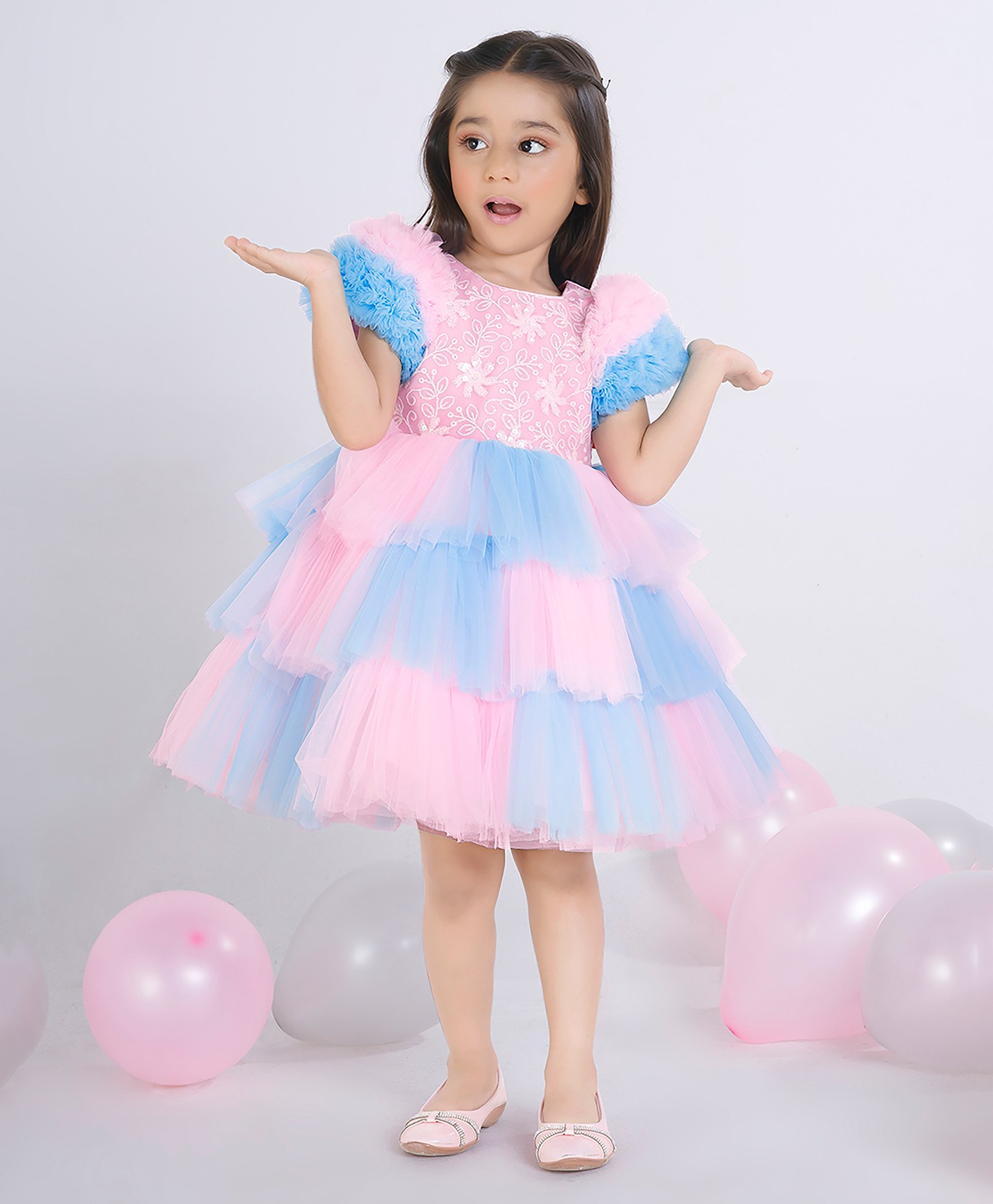 Ministitch Sequin Woven Half Sleeves Floral Sequin Embellished Layered Dress - Blue-picture-38