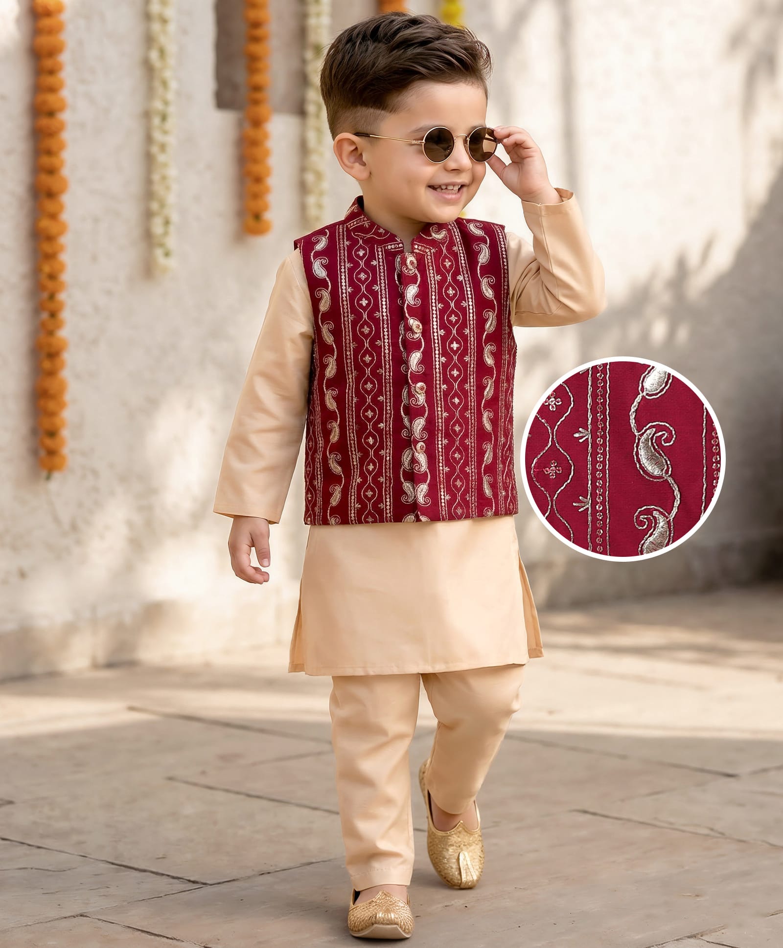 Babyhug Woven Full Length Solid Coloured Kurta Pyjama Set With Embroidery Jacket - Beige & Red-image-12