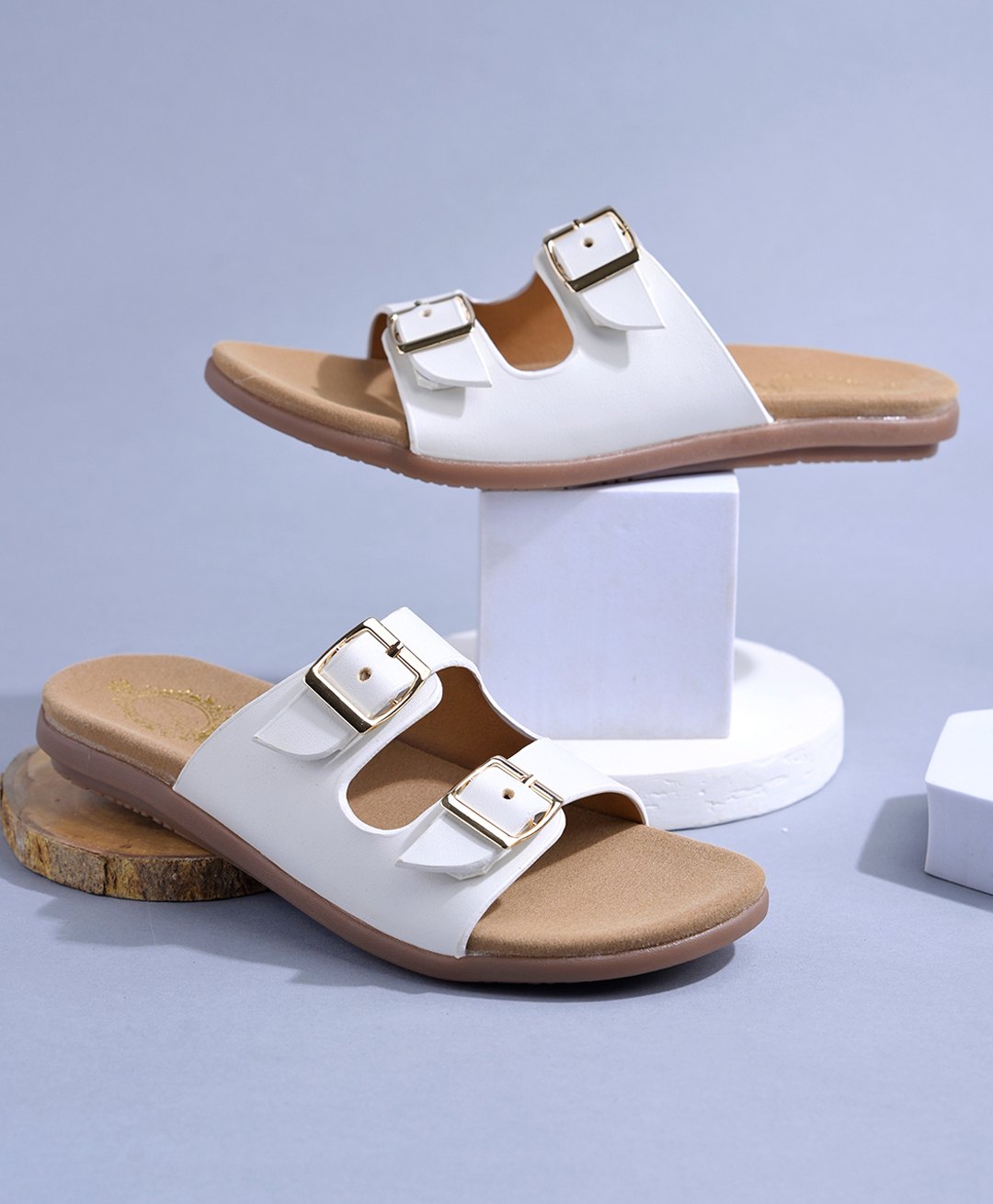 Shoetopia Colour Blocked Double Buckle Closure Flip Flops - White-image-0