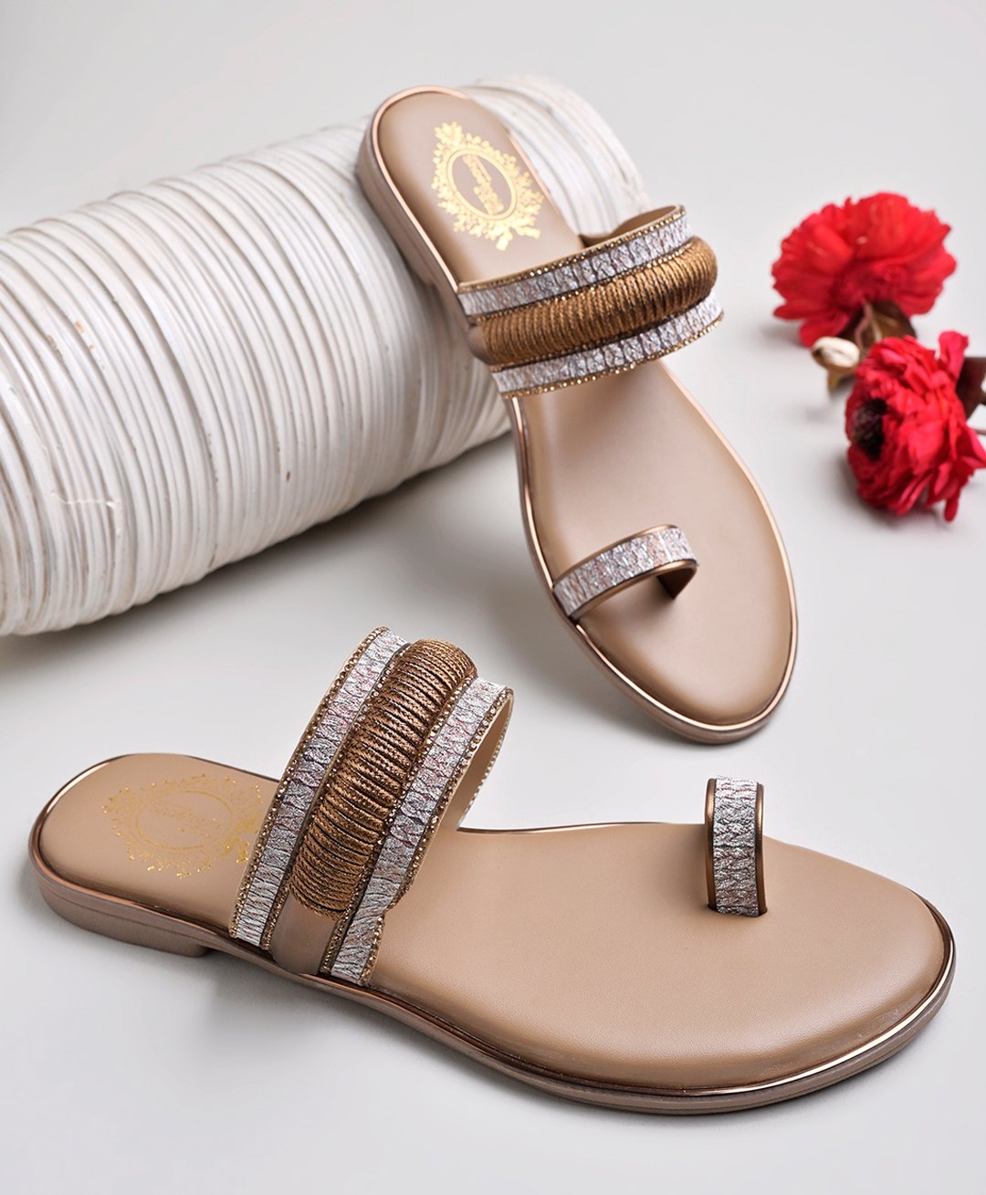 Shoetopia Lace Embellished Slip On Flip Flops - Copper-image-25