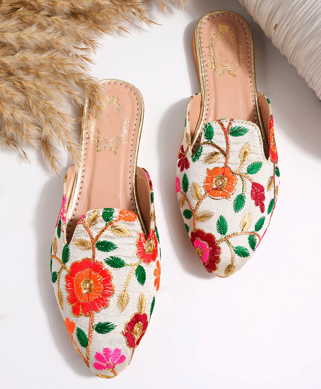 Shoetopia Floral Embroidered Slip On Mules - Multi Colour-picture-12