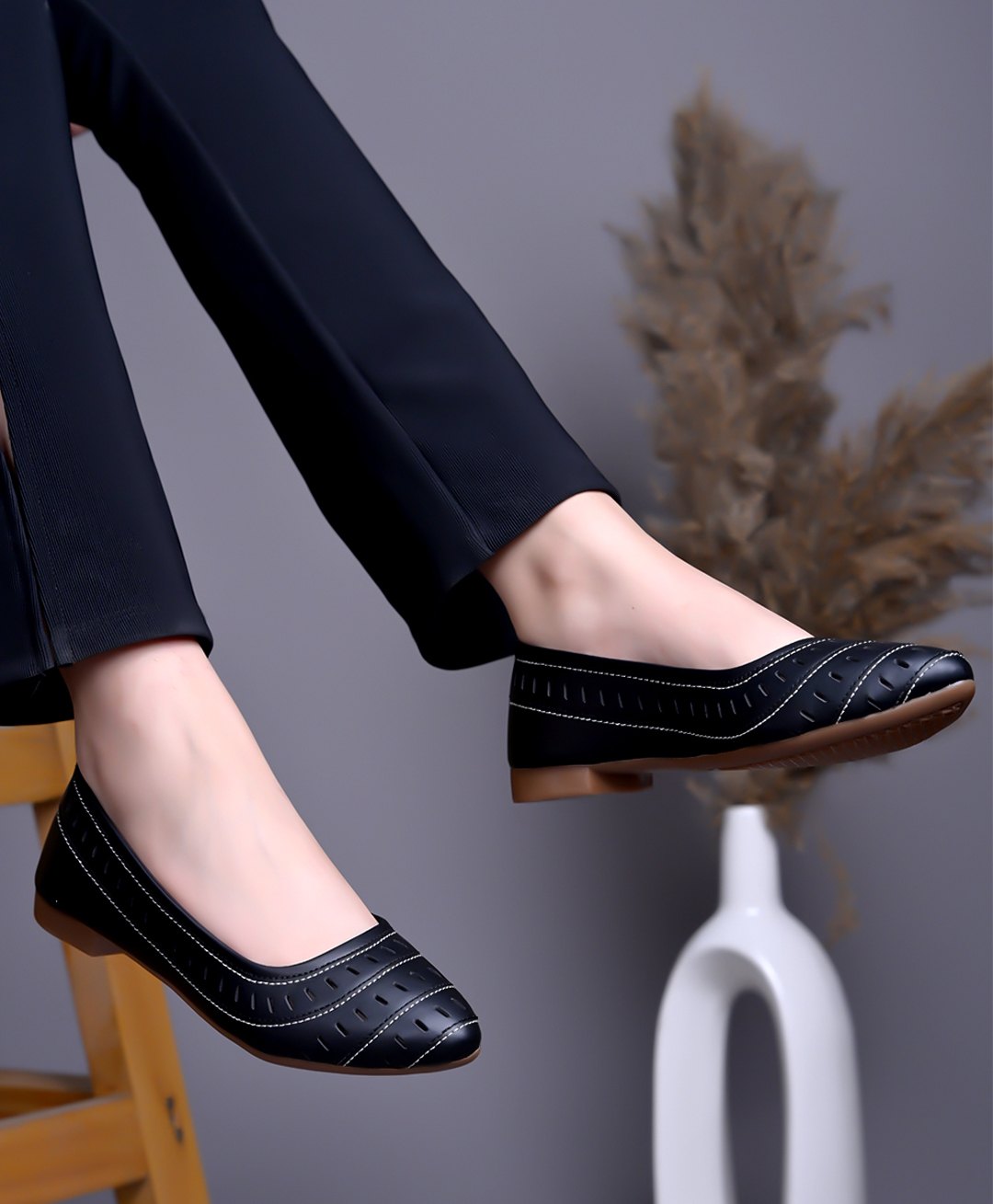 Shoetopia Threadwork Detailed Perforated Ballerinas - Black-image-23