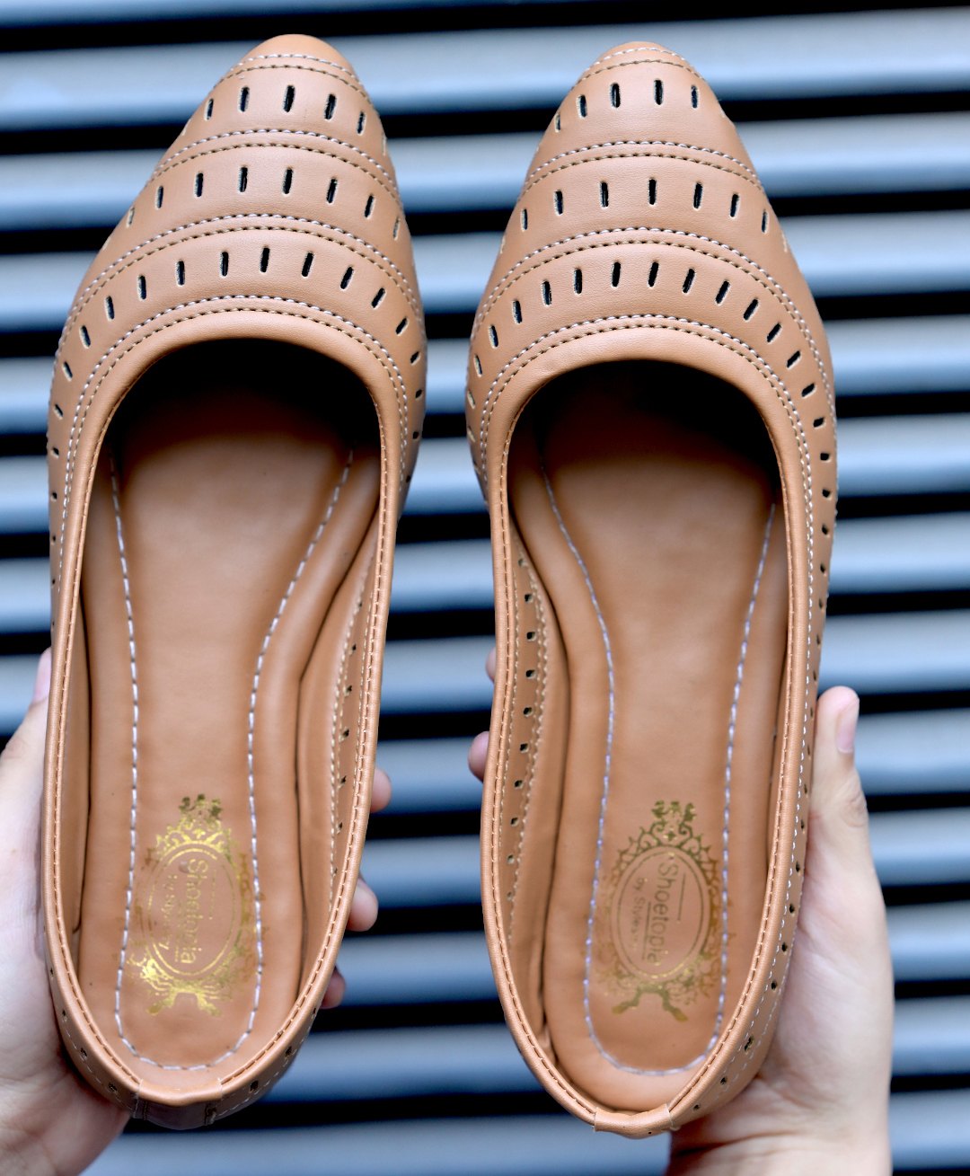 Shoetopia Threadwork Detailed Perforated Ballerinas - Tan-image-29