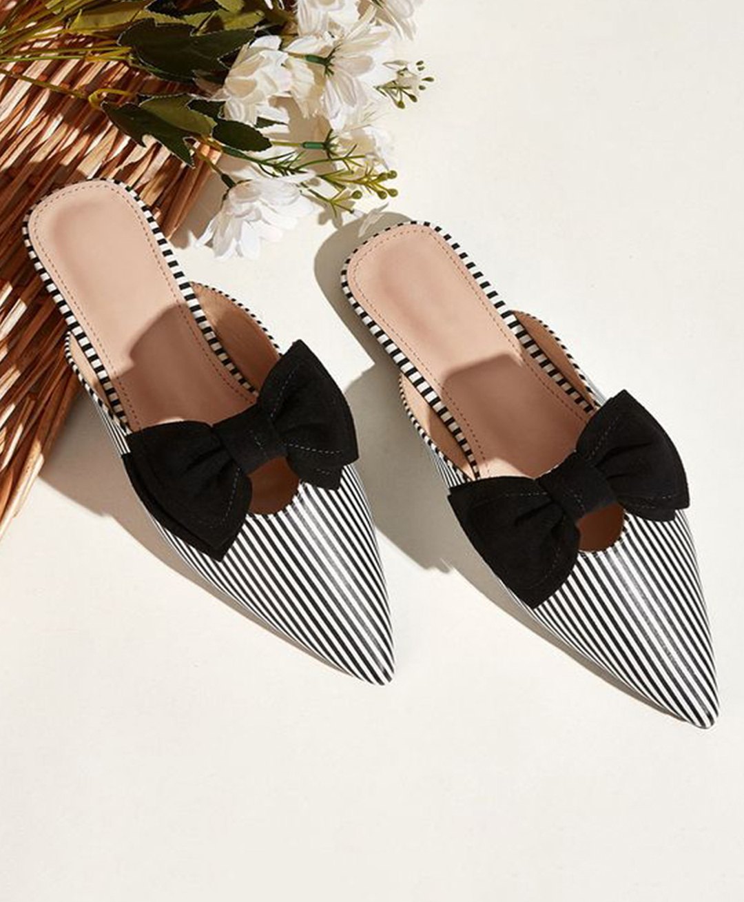 Shoetopia Striped & Bow Applique Detailed Slip Ons Mules - Black-picture-14