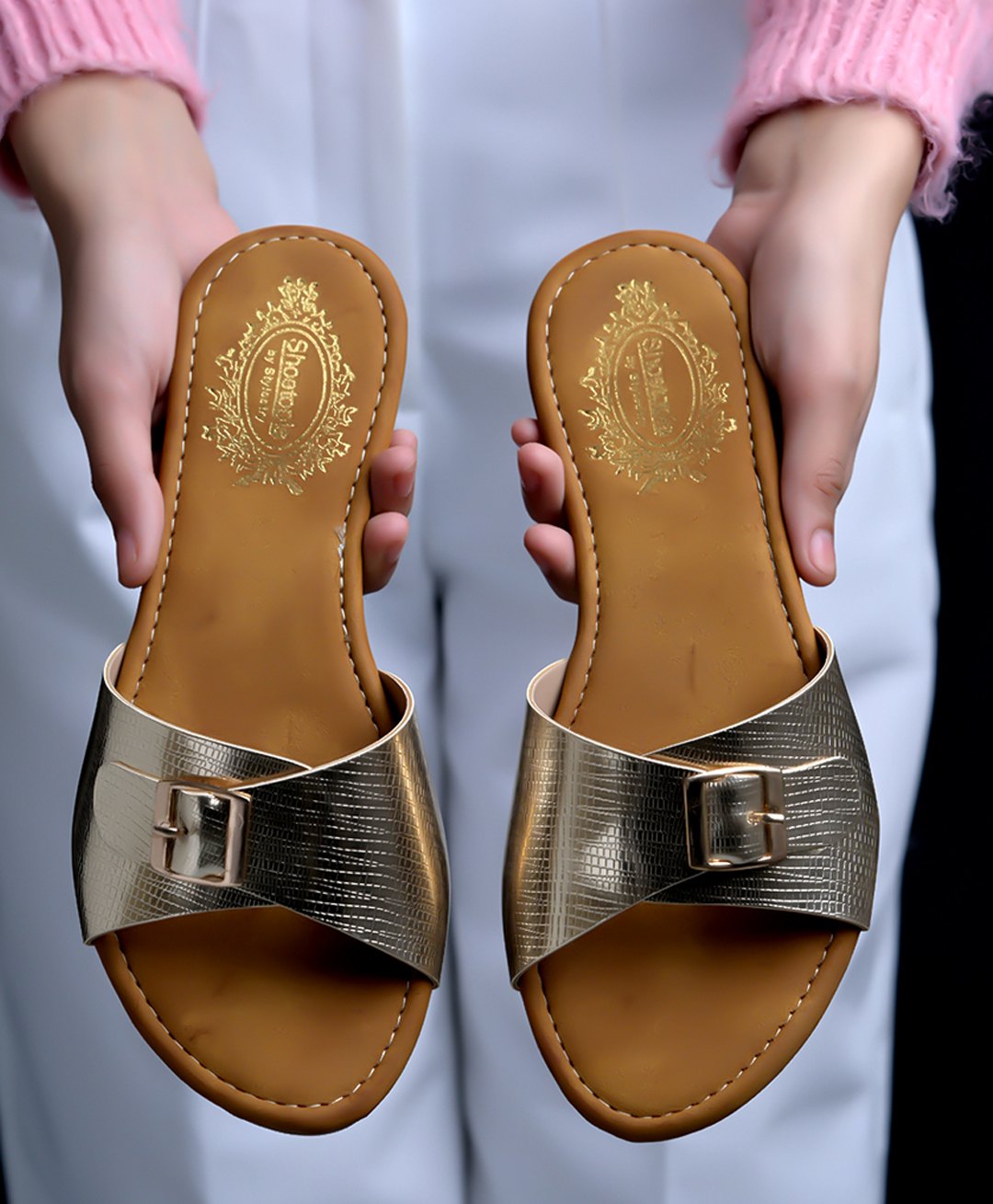 Shoetopia Buckle Detailed Metallic Flat Sandals - Gold-picture-16