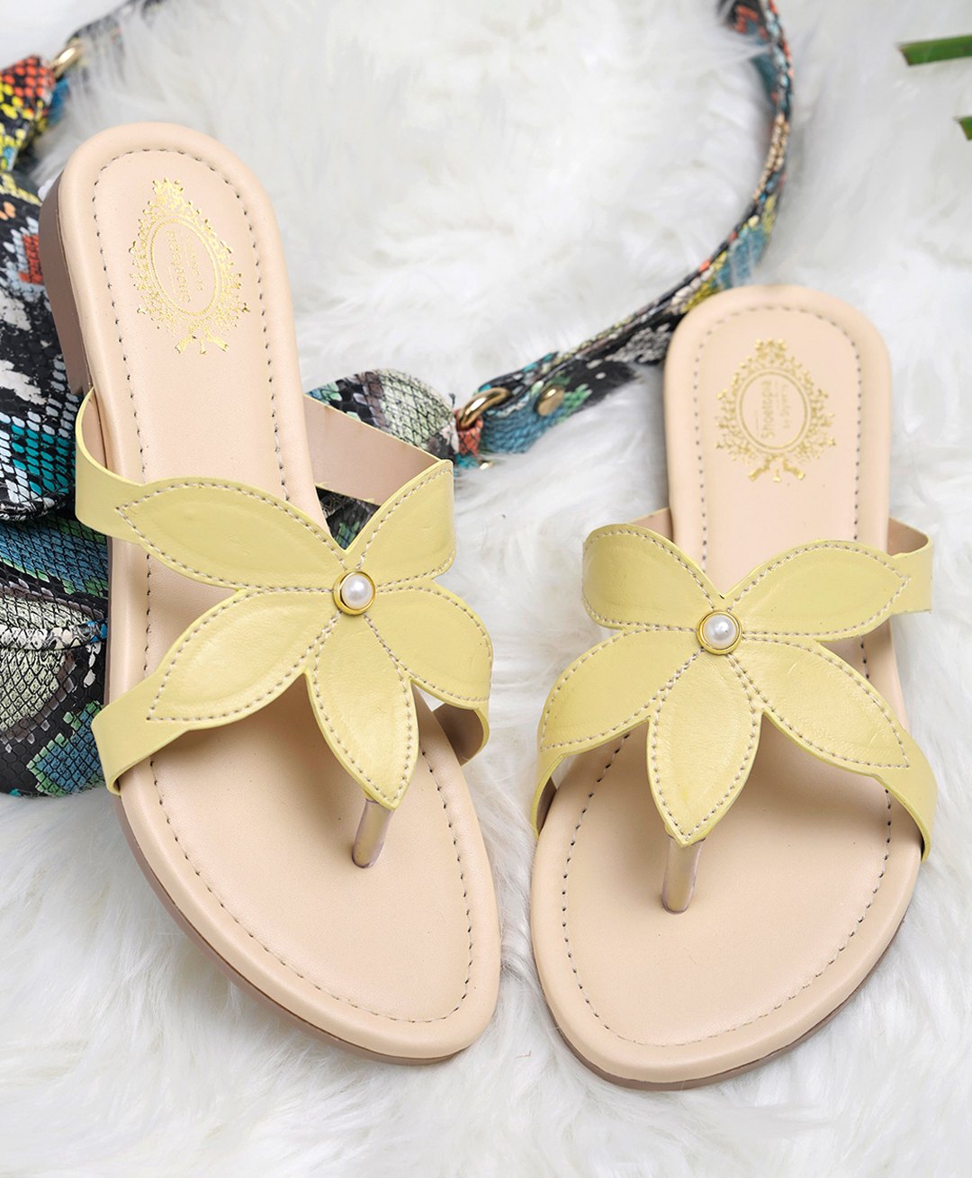 Shoetopia Floral Designed Pearl Embellished Flat Sandals - Yellow-picture-20