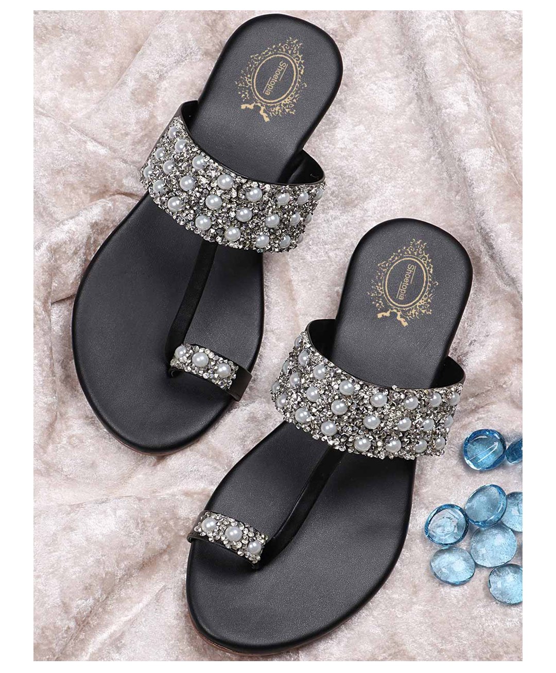 Shoetopia Pearl & Stone Embellished Flat Sandals - Black-picture-15
