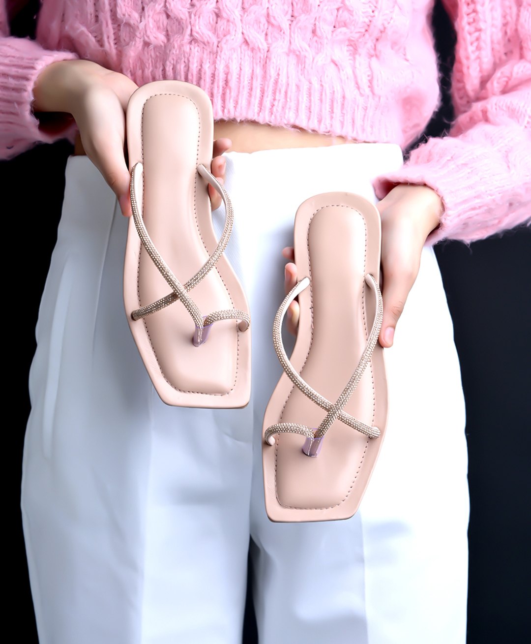 Shoetopia Stones Embellished Slip On Sandals - Rose Gold-image-29