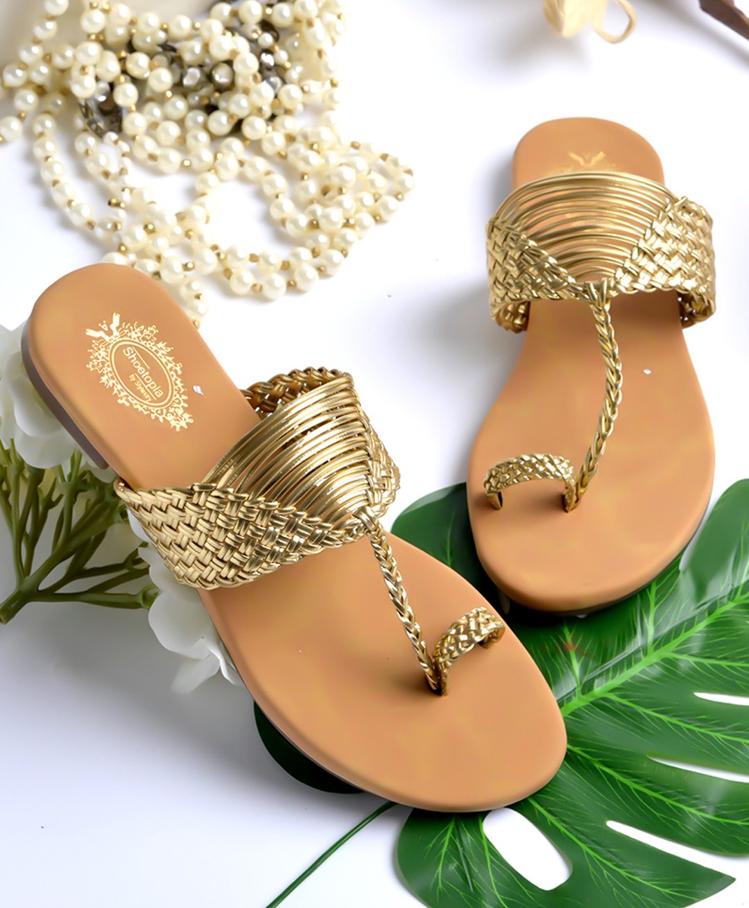 Shoetopia Braid Desiged Slip On Kolhapuri Sandals - Golden-picture-11