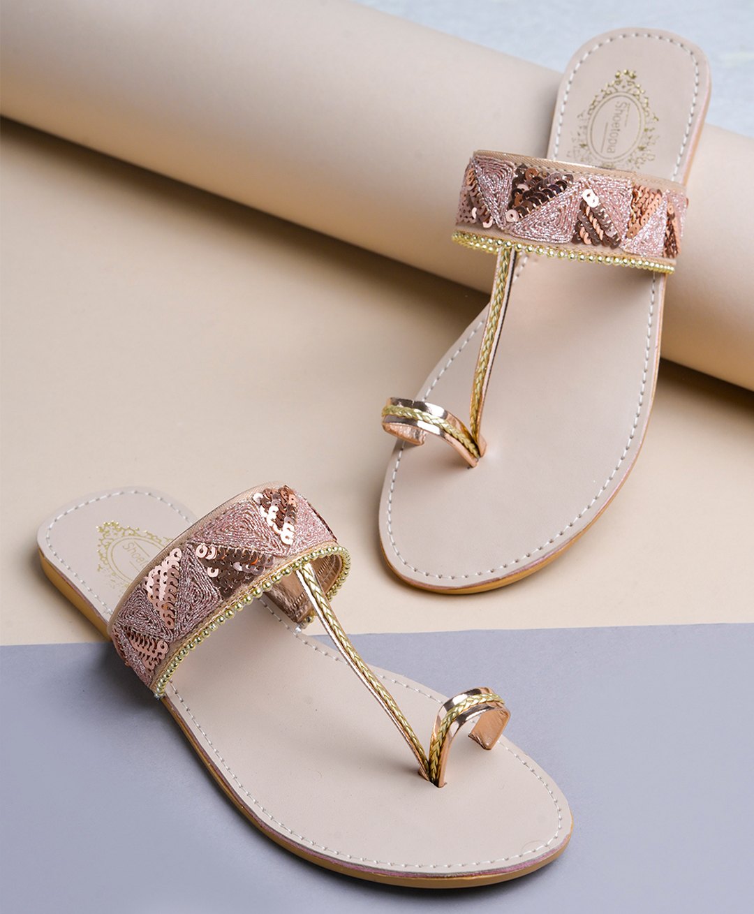 Shoetopia Sequins Embellished Slip On Kolhapuri Sandals - Rose Gold-image-27