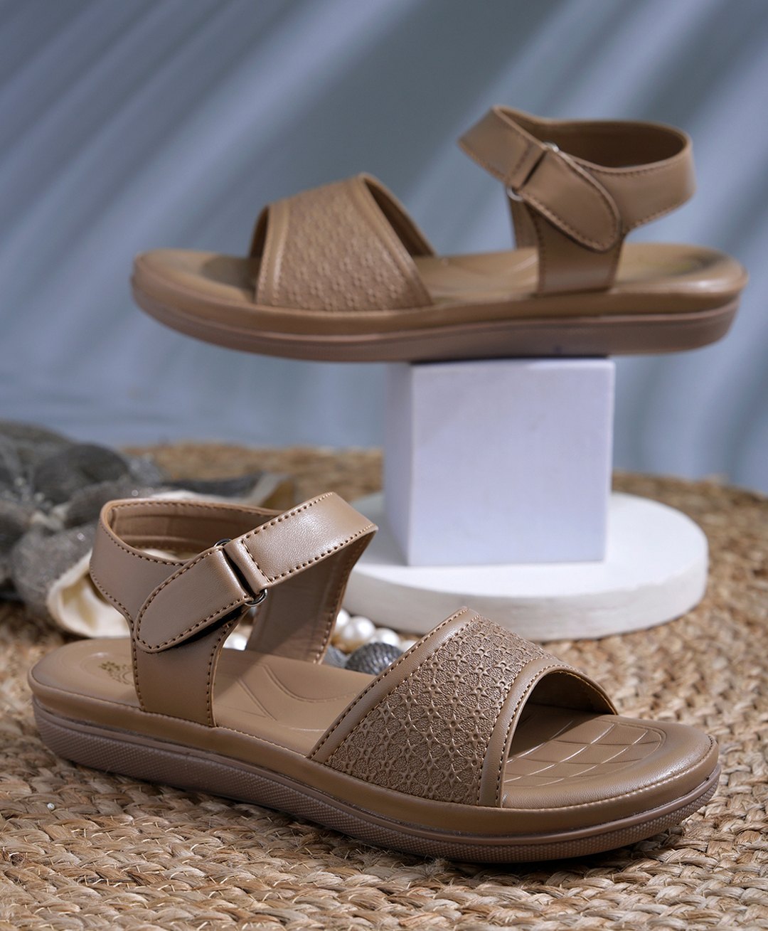 Shoetopia Star Designed Velcro Closure Doctor Sole Sandals - Beige-image-6