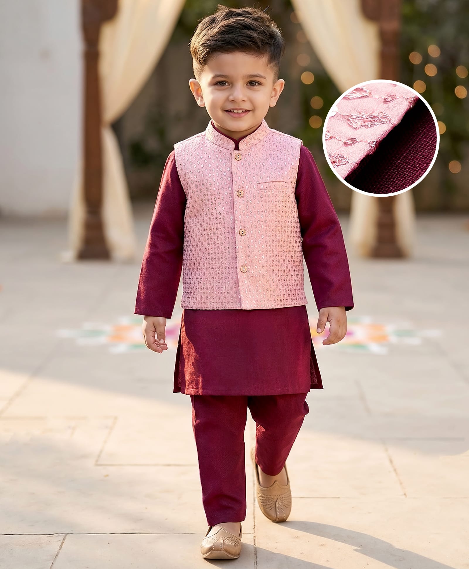 Babyhug Woven Full Sleeves Kurta Pyjama Set With Embroidered Jacket - Wine-image-35