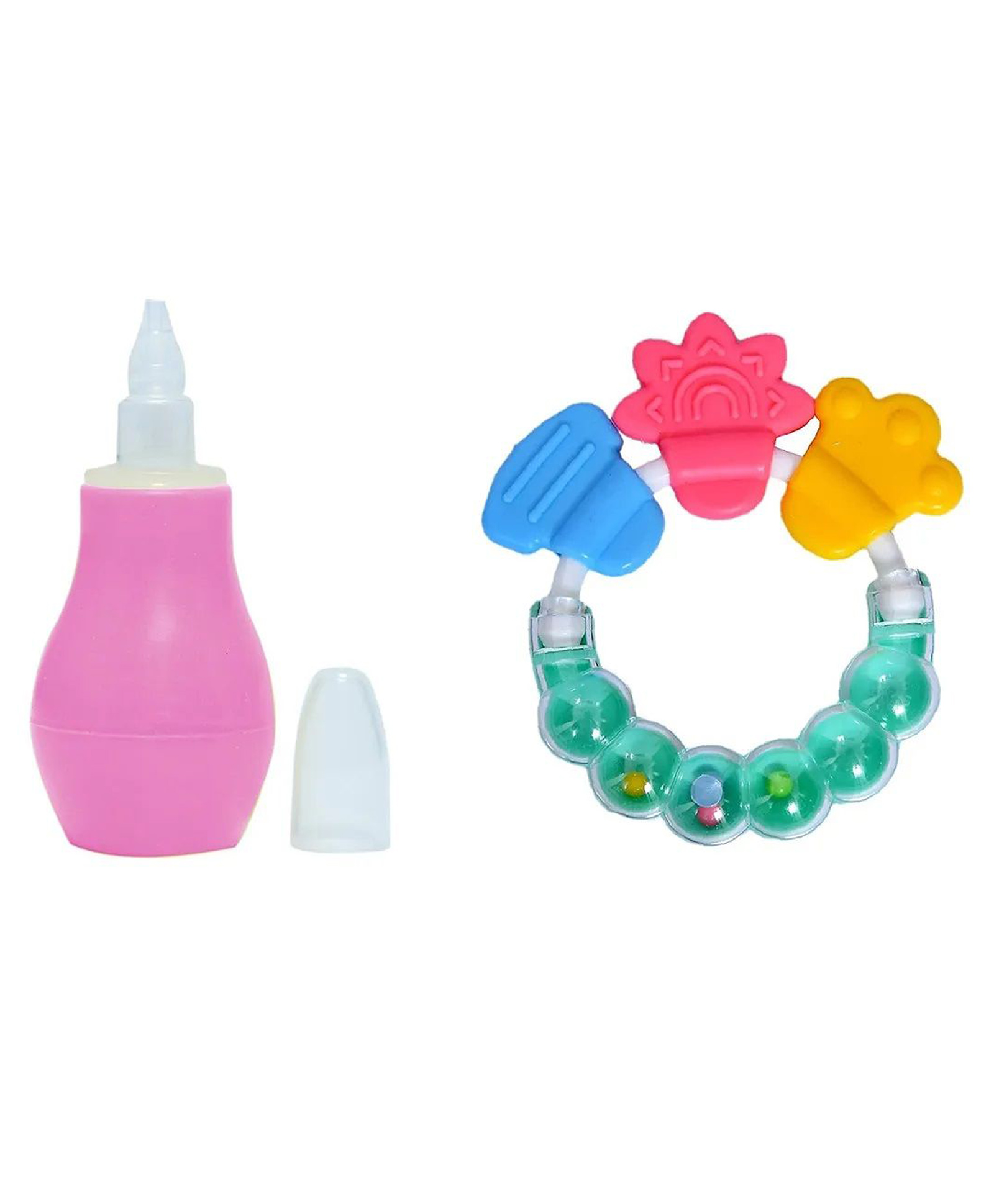 NeonateCare Baby Silicone Pink Nose Cleaner Nasal Aspirator and Round Shape BPA Free Silicone Bell Teether Ring for Babies-picture-2
