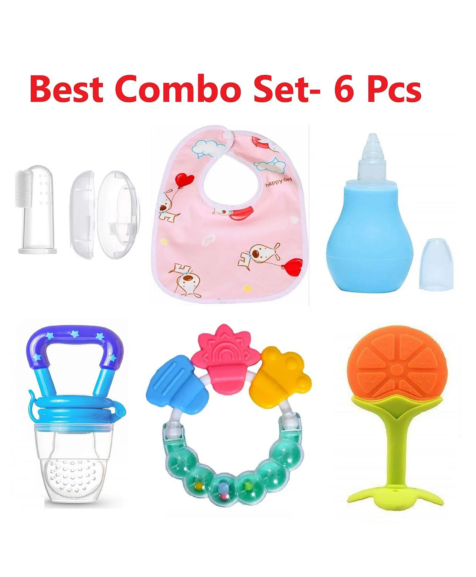NeonateCare combo of must have essentials - ( 1 white finger brush, 1 bibs, 1 blue nose cleaner, 1 blue fruit feeder, 1 green ring teether, 1 orange Fruit teether)-picture-11