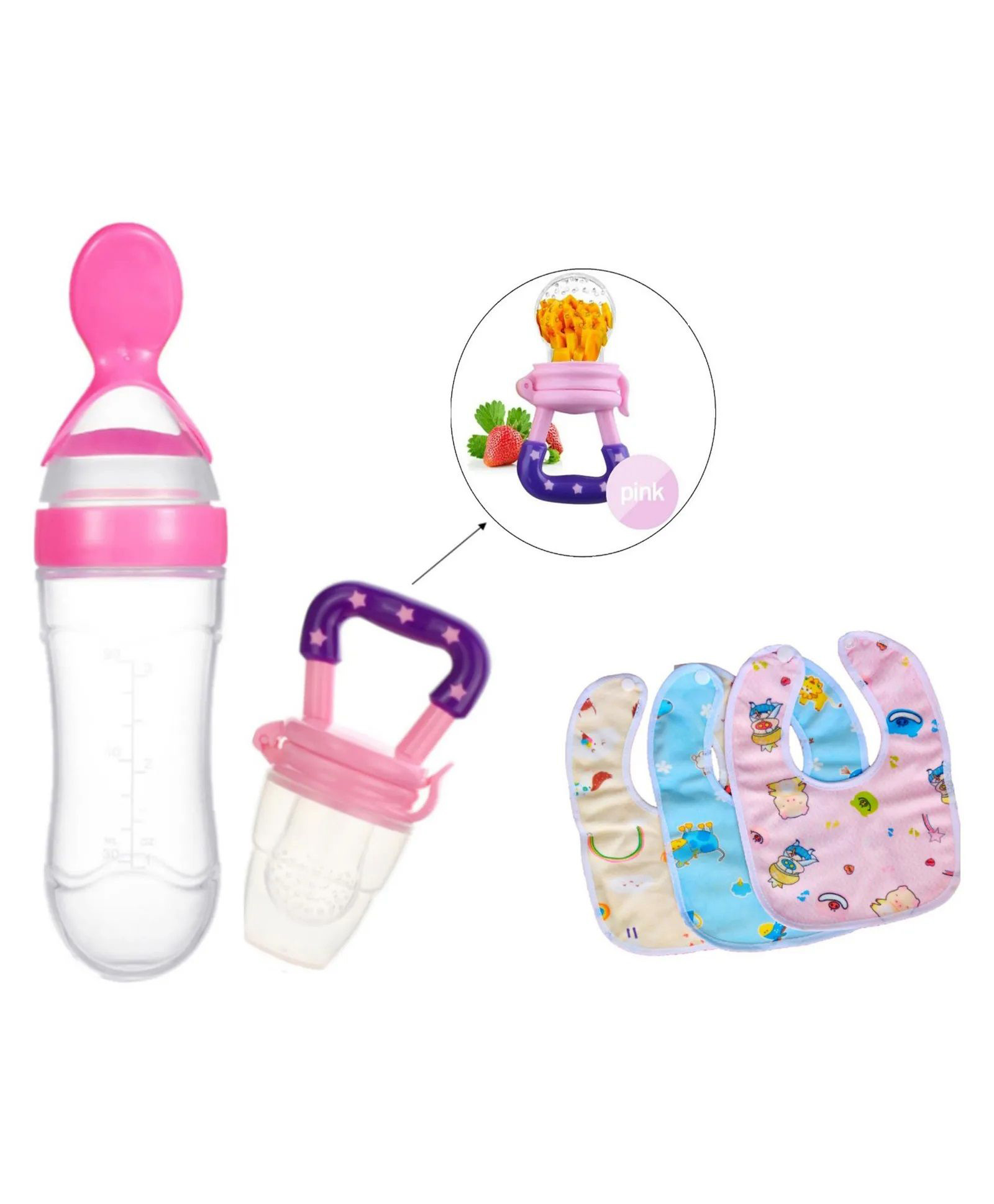 NeonateCare New Born Feeding Starter Kit with Spoon Feeder Fruit Feeder and 3 Cotton Bibs - ( pink spoon feeder, pink fruit feeder, 3 multicolor Bibs)-picture-22