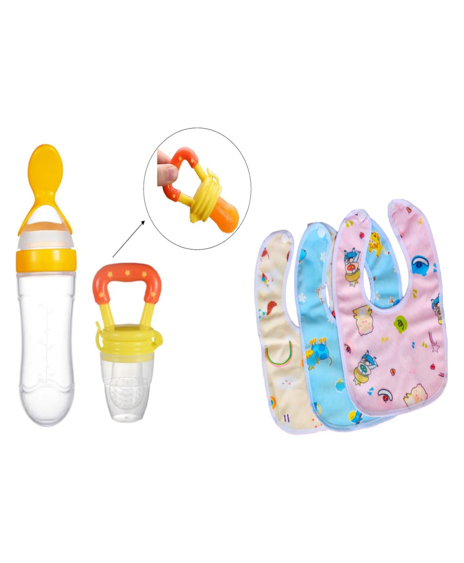 NeonateCare New Born Feeding Starter Kit with Spoon Feeder Fruit Feeder and 3 Cotton Bibs - ( Yellow spoon feeder, Yellow fruit feeder, 3 multicolor Bibs)-image-8