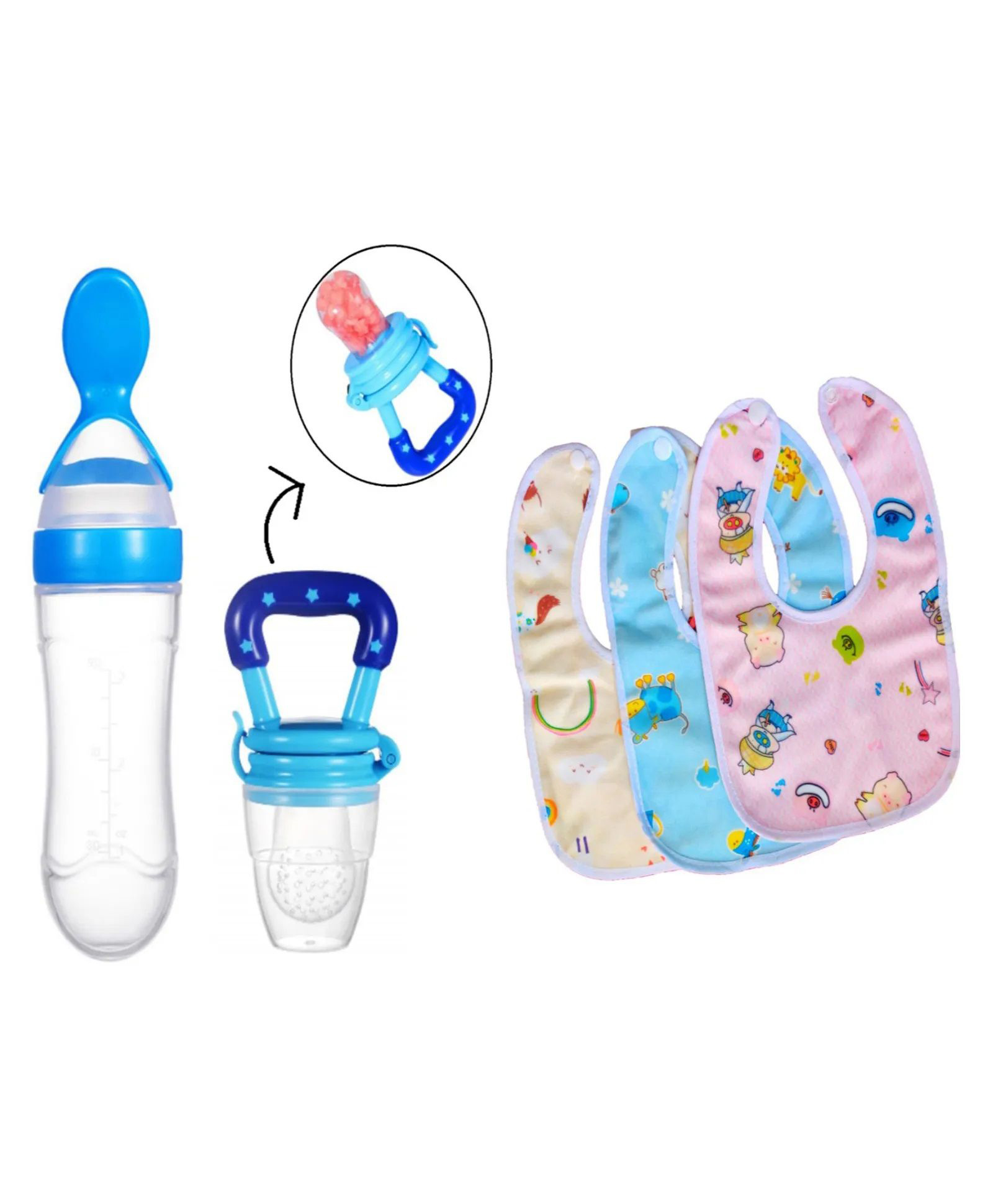 NeonateCare New Born Feeding Starter Kit with Spoon Feeder Fruit Feeder and 3 Cotton Bibs - ( Blue spoon feeder, Blue fruit feeder, 3 multicolor Bibs) - Blue-image-24