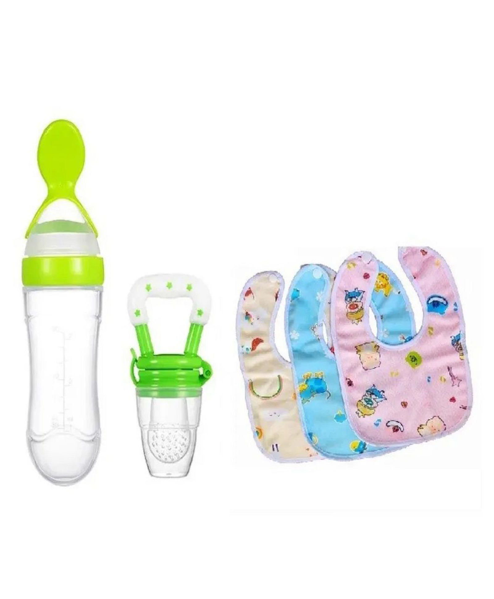 NeonateCare New Born Feeding Starter Kit with Spoon Feeder Fruit Feeder and 3 Cotton Bibs - ( Green spoon feeder, Green fruit feeder, 3 multicolor Bibs) - Green-picture-21