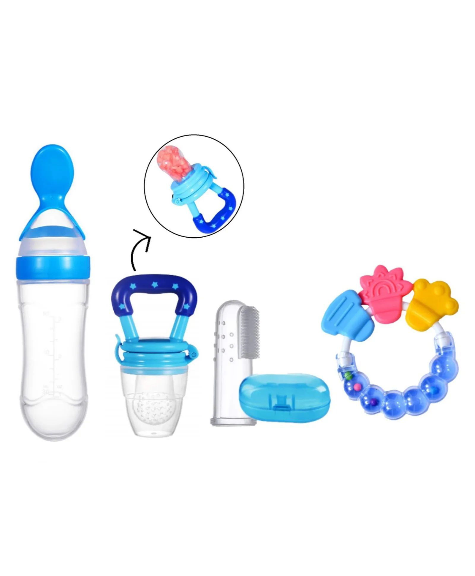 NeonateCare Combo of Squeezy Spoon Feeder Ring Teether Finger Toothbrush and Fruit Feeder ( Spoon Feeder Fruit Feeder Ring teether Finger Brush) - Blue-picture-46